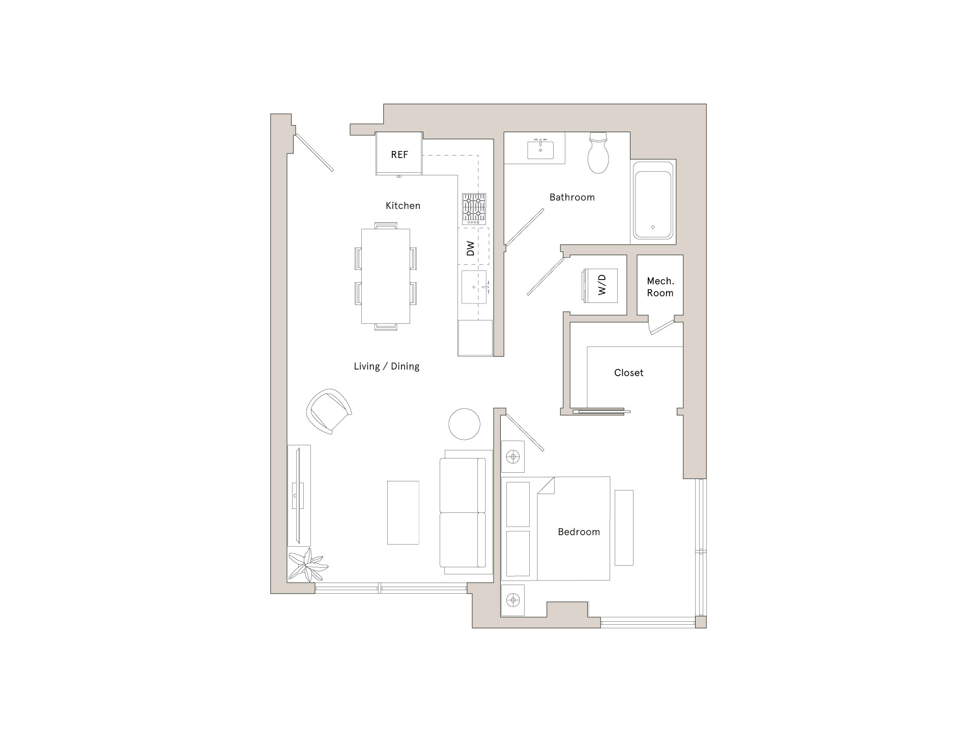 A floor plan of a house with a kitchen, bathroom, dining area, and bedrooms.