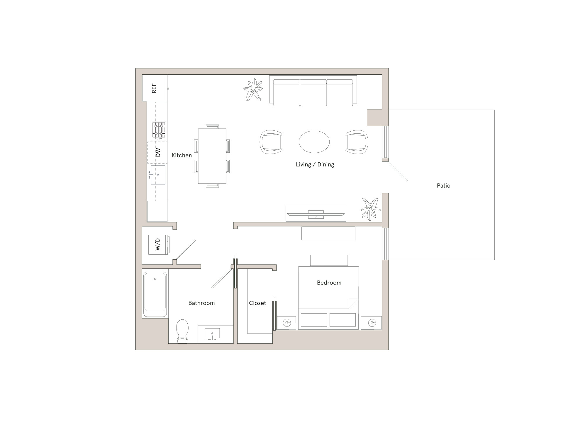 A floor plan of a house with a kitchen, living room, dining room, patio, bedroom, and bathroom.