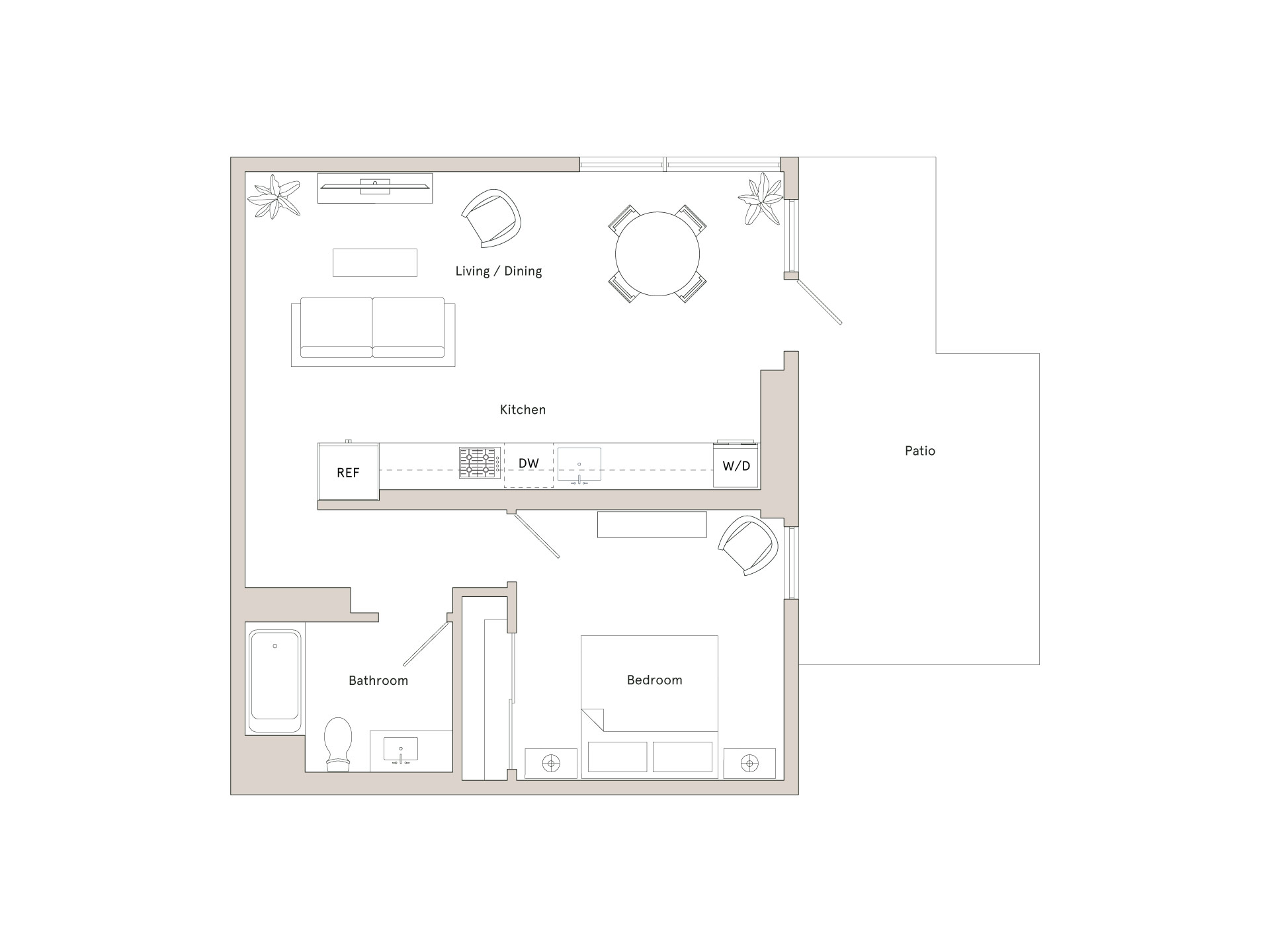 A floor plan of a house with a kitchen, living room, dining room, bathroom, and bedroom.