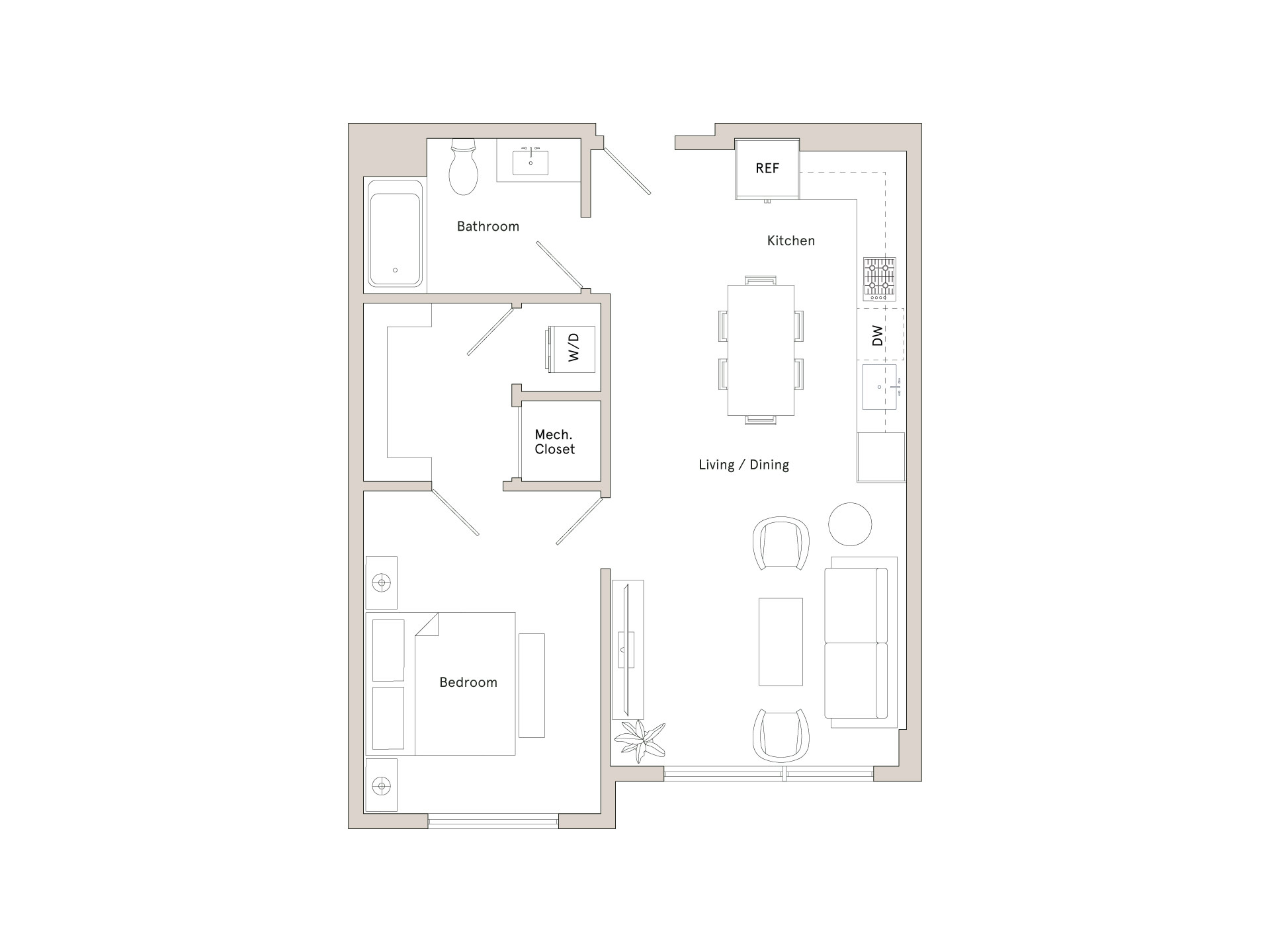 A floor plan of a small apartment with a bedroom, bathroom, kitchen, and living room.