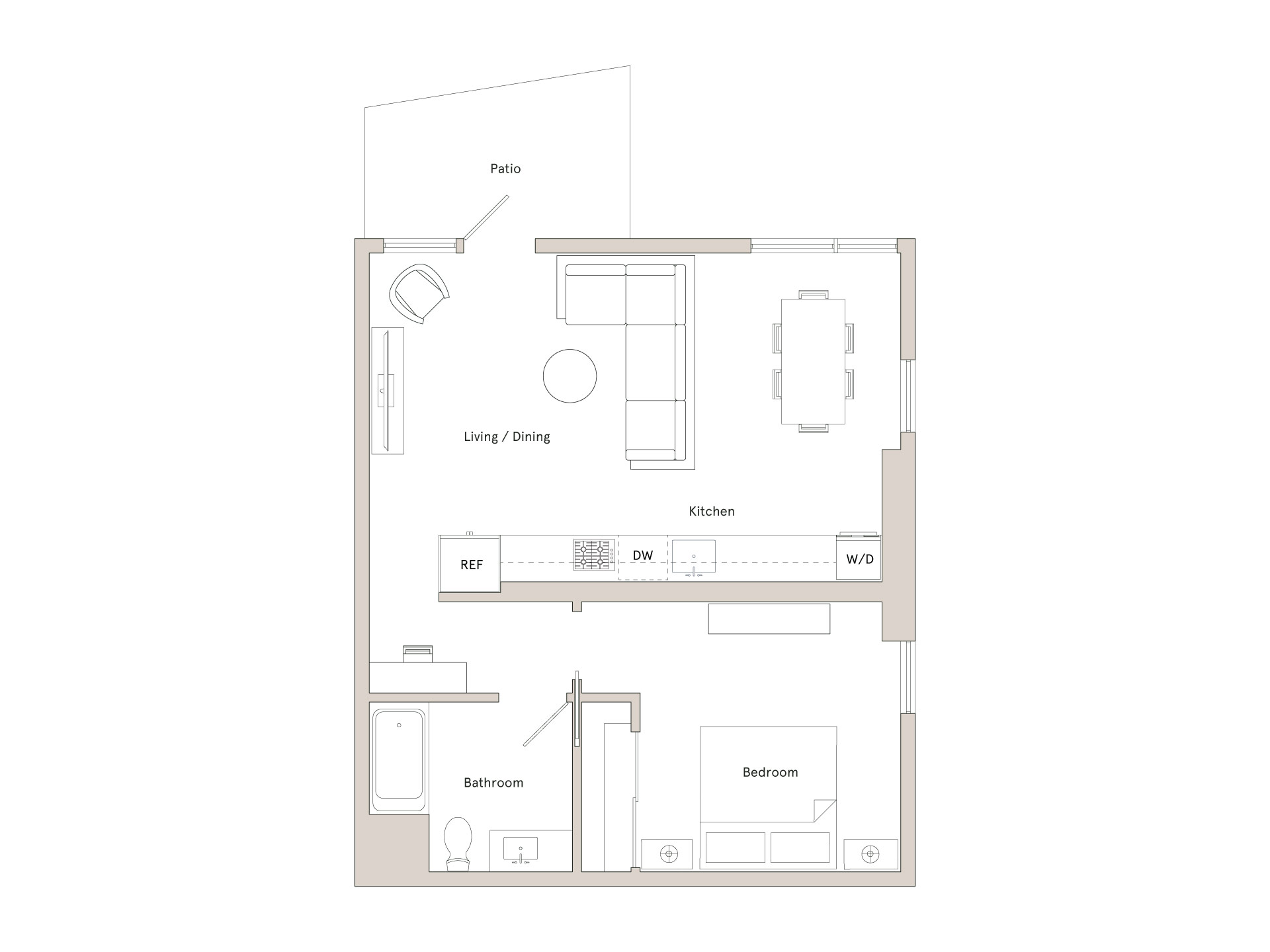 A floor plan of a house with a patio, living/dining area, kitchen, and bathroom.