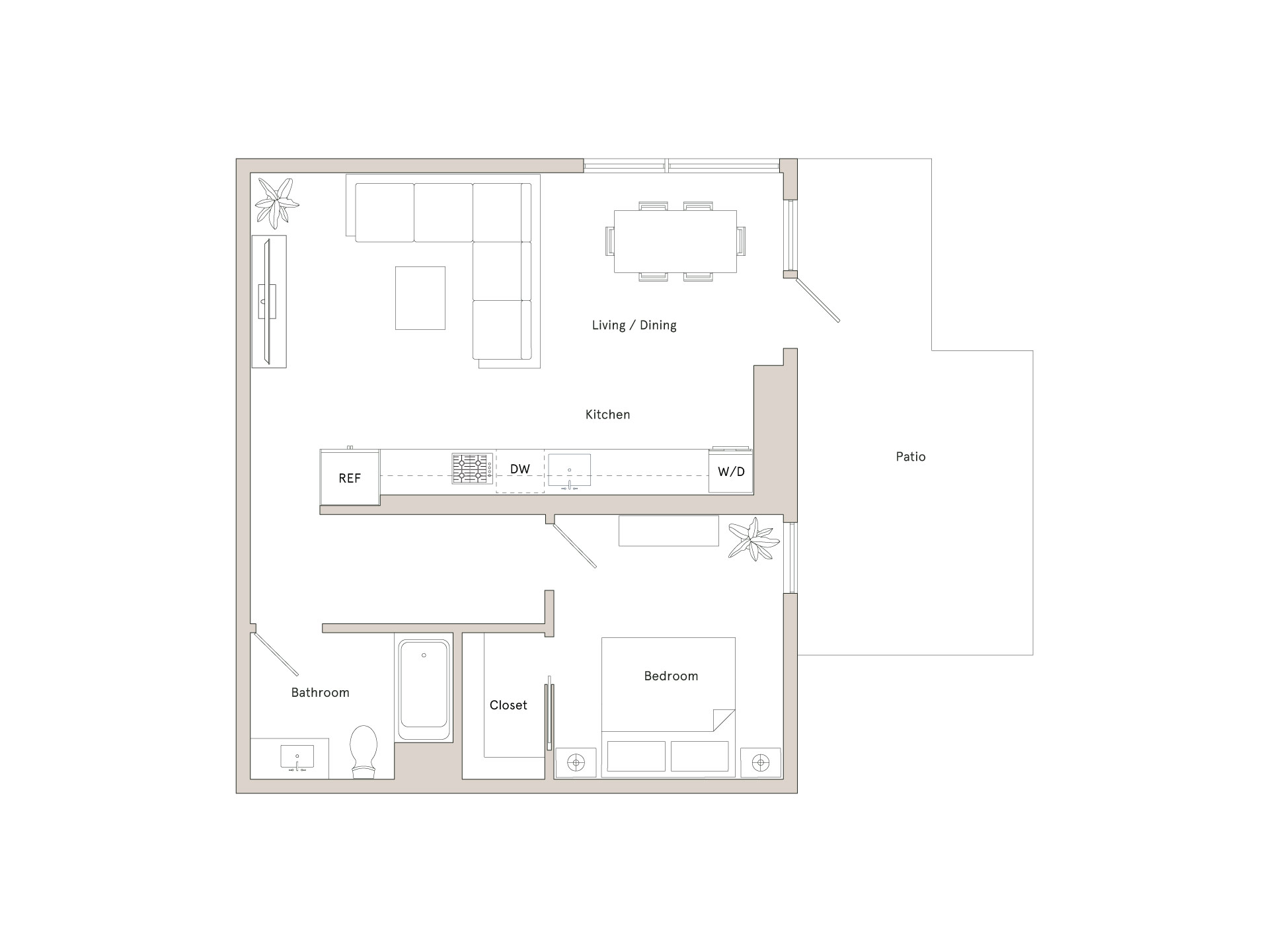 A floor plan of a house with a kitchen, living room, dining room, bathroom, and bedroom.