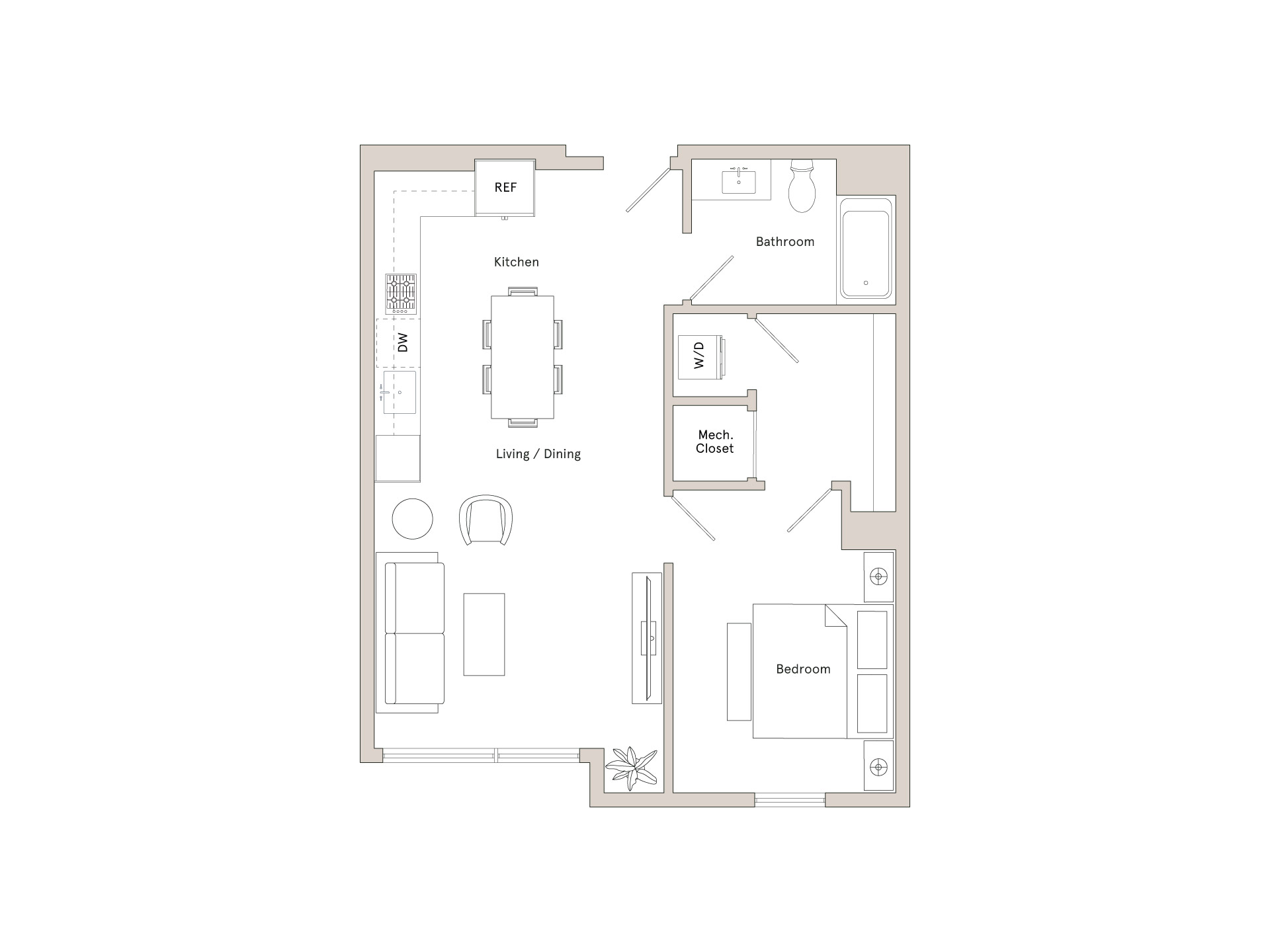 A floor plan of a house with a kitchen, living room, two bedrooms and a bathroom.,A floor plan of a house with a kitchen, living room, two bedrooms and a bathroom.