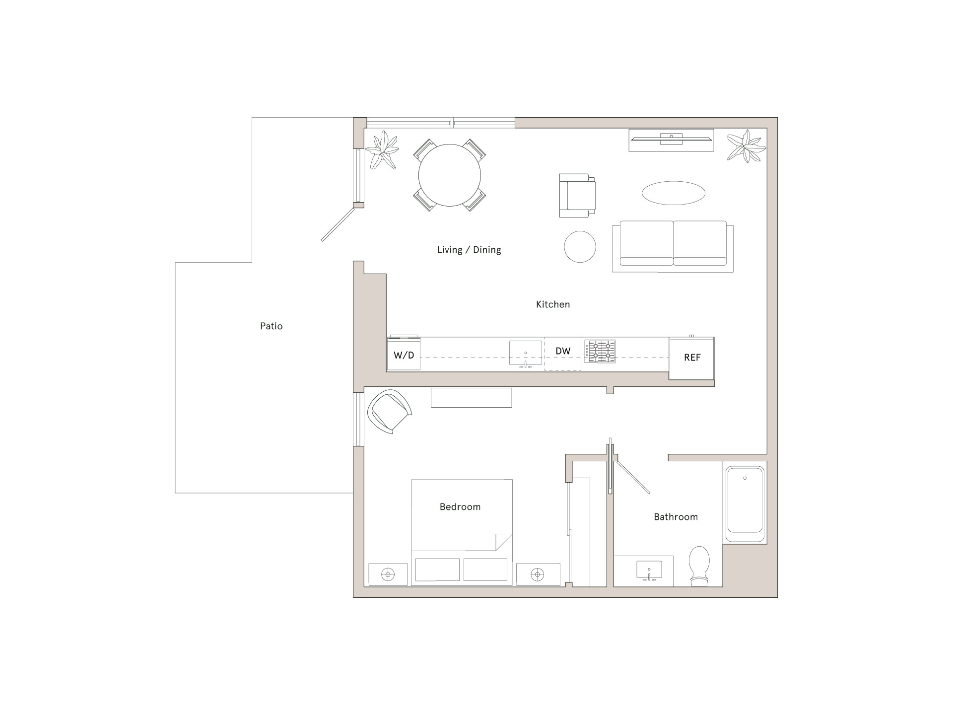 A floor plan of a house with labeled rooms such as kitchen, living/dining, and bathroom.