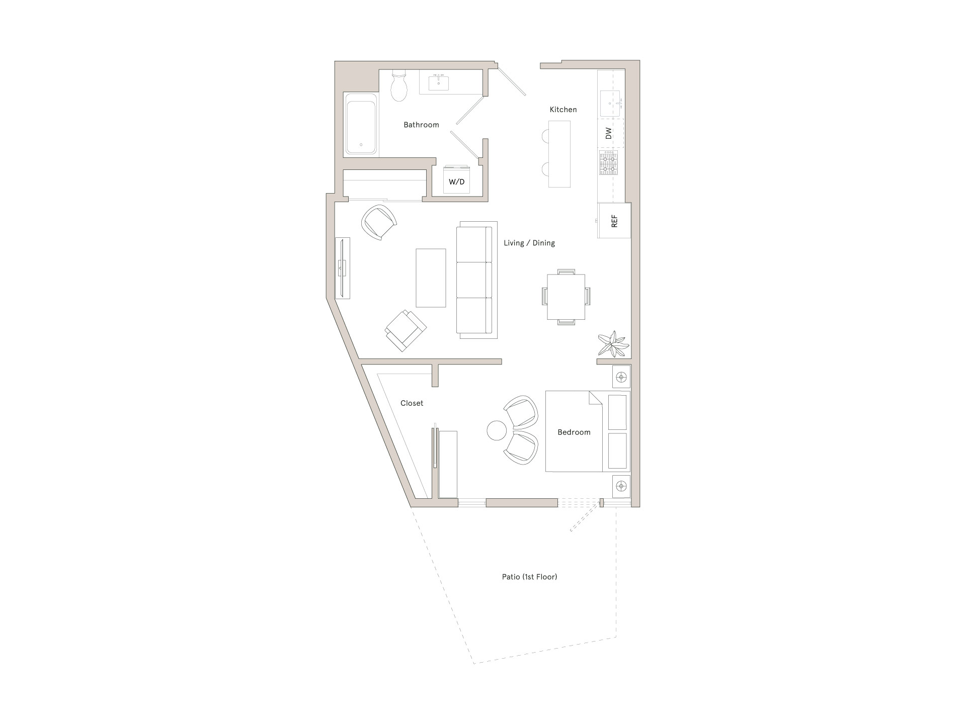 A floor plan of a house with a kitchen, living room, dining room, and bathrooms.