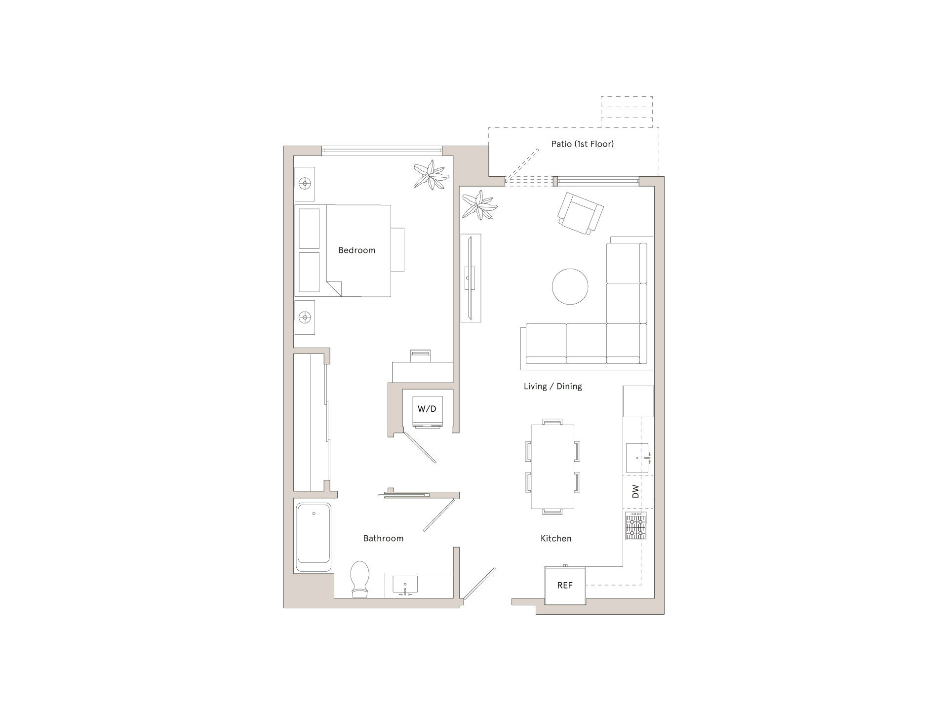 A floor plan of a house with a bedroom, living room, dining room, kitchen, bathroom, and a patio hit floor.