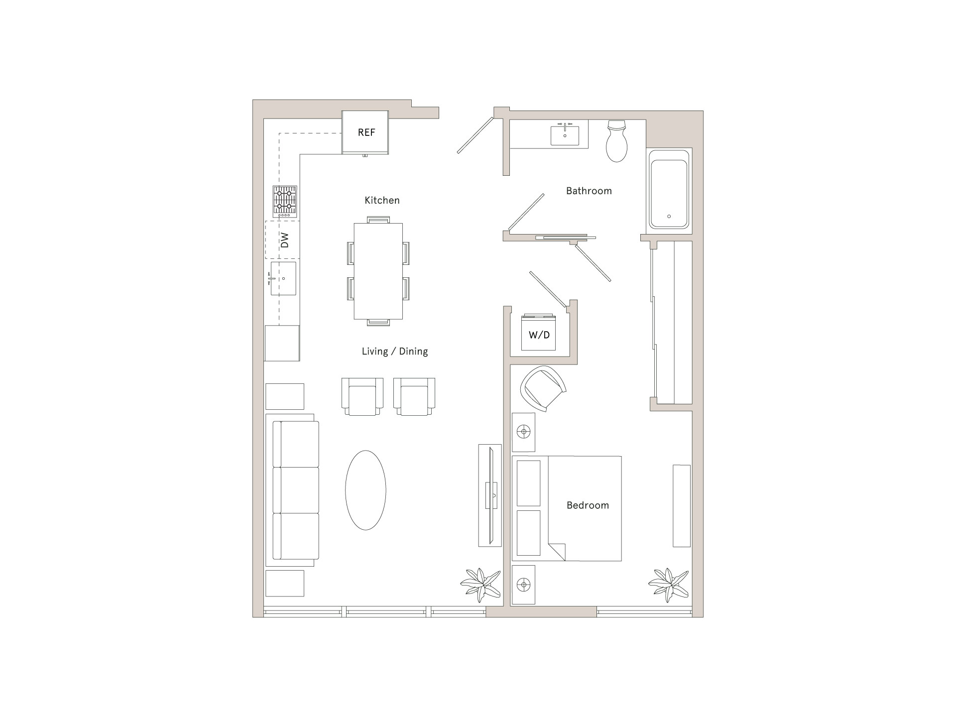 A floor plan of a small apartment with a kitchen, living room, dining room, bathroom, and two bedrooms.