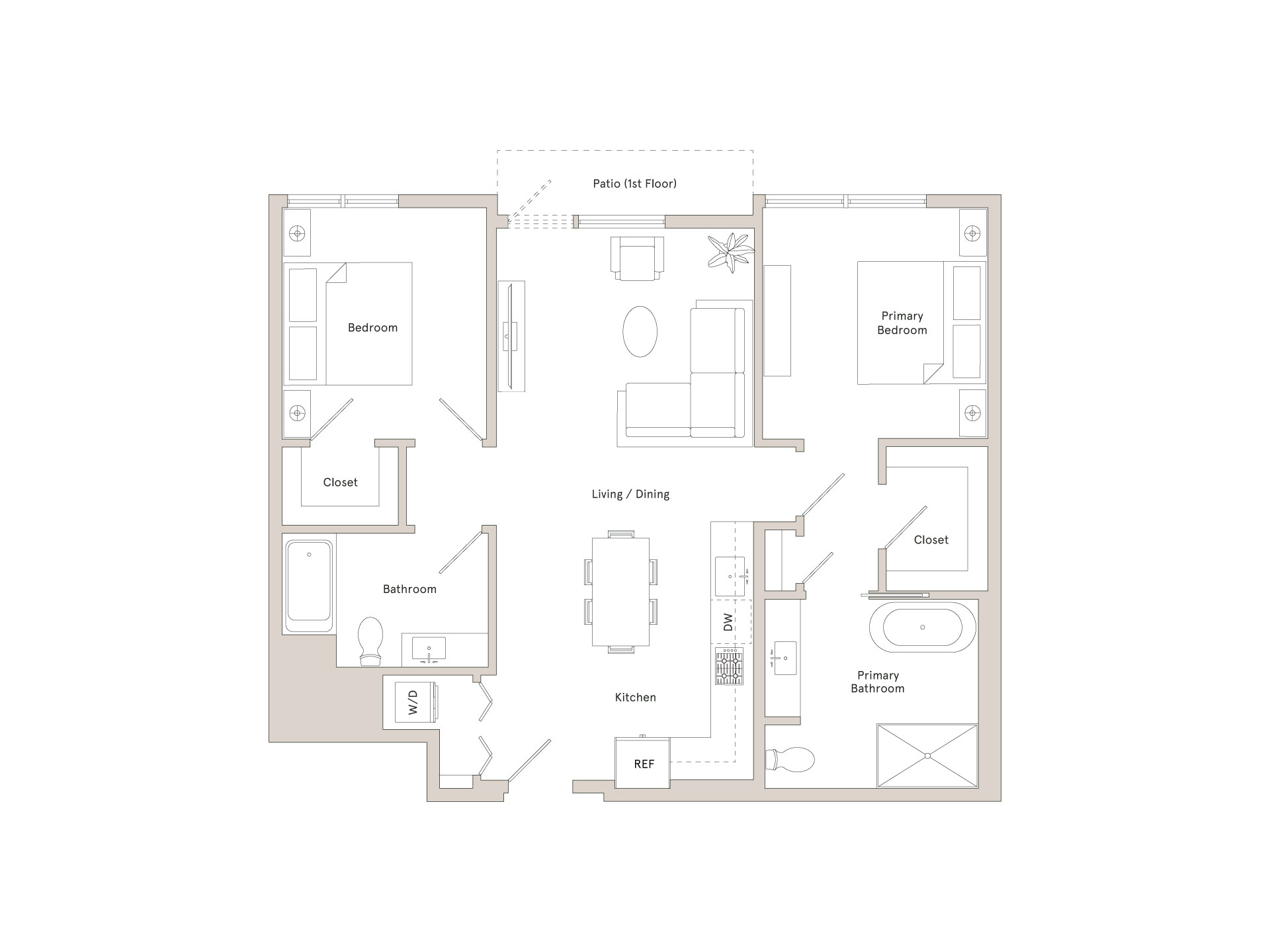 A floor plan of a house with two bedrooms, a bathroom, a living/dining area, a kitchen, a cloestet, and a REF.