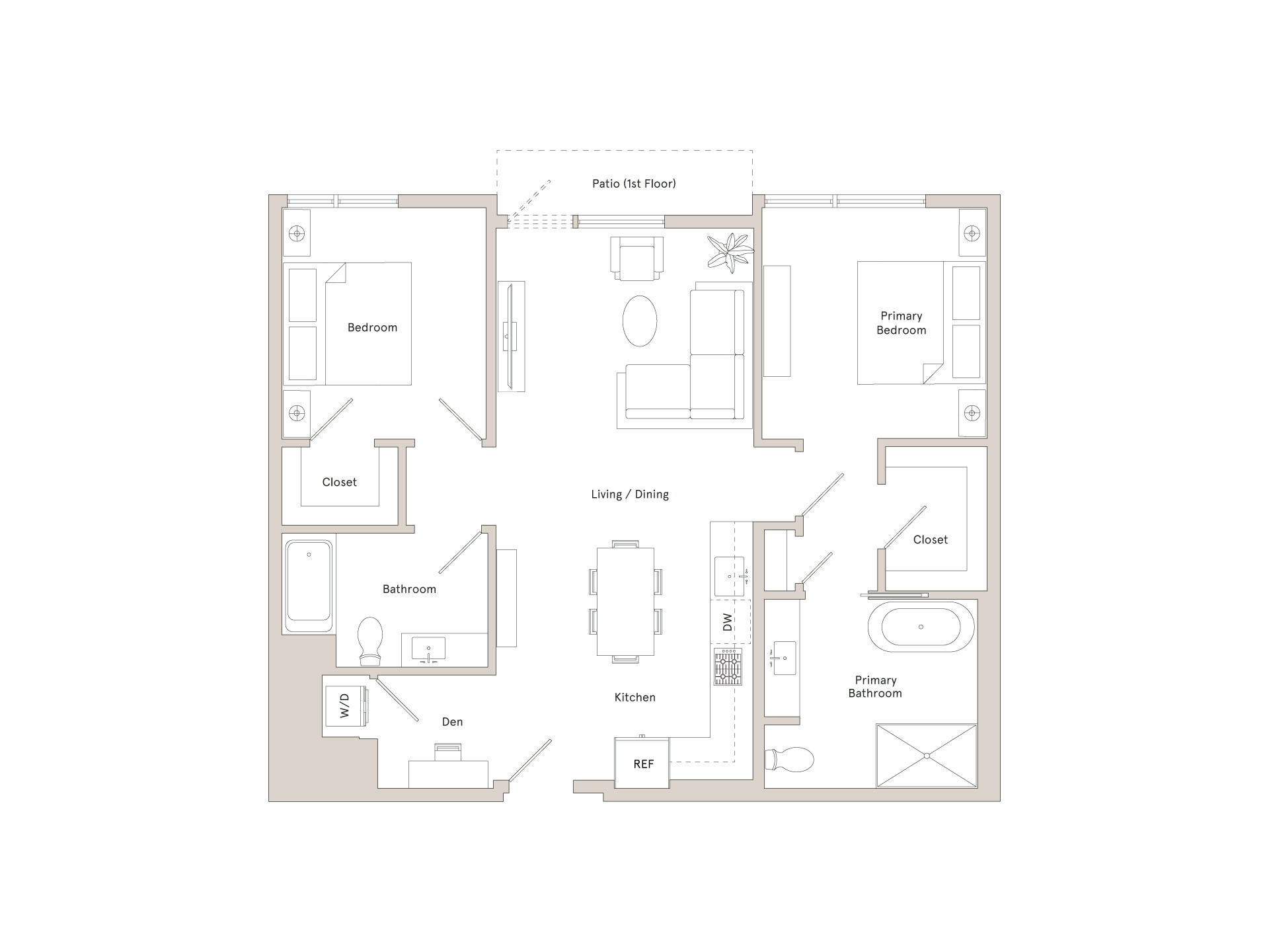A floor plan of a house with two bedrooms, a bathroom, a living/dining area, a kitchen, a den, and a REF.