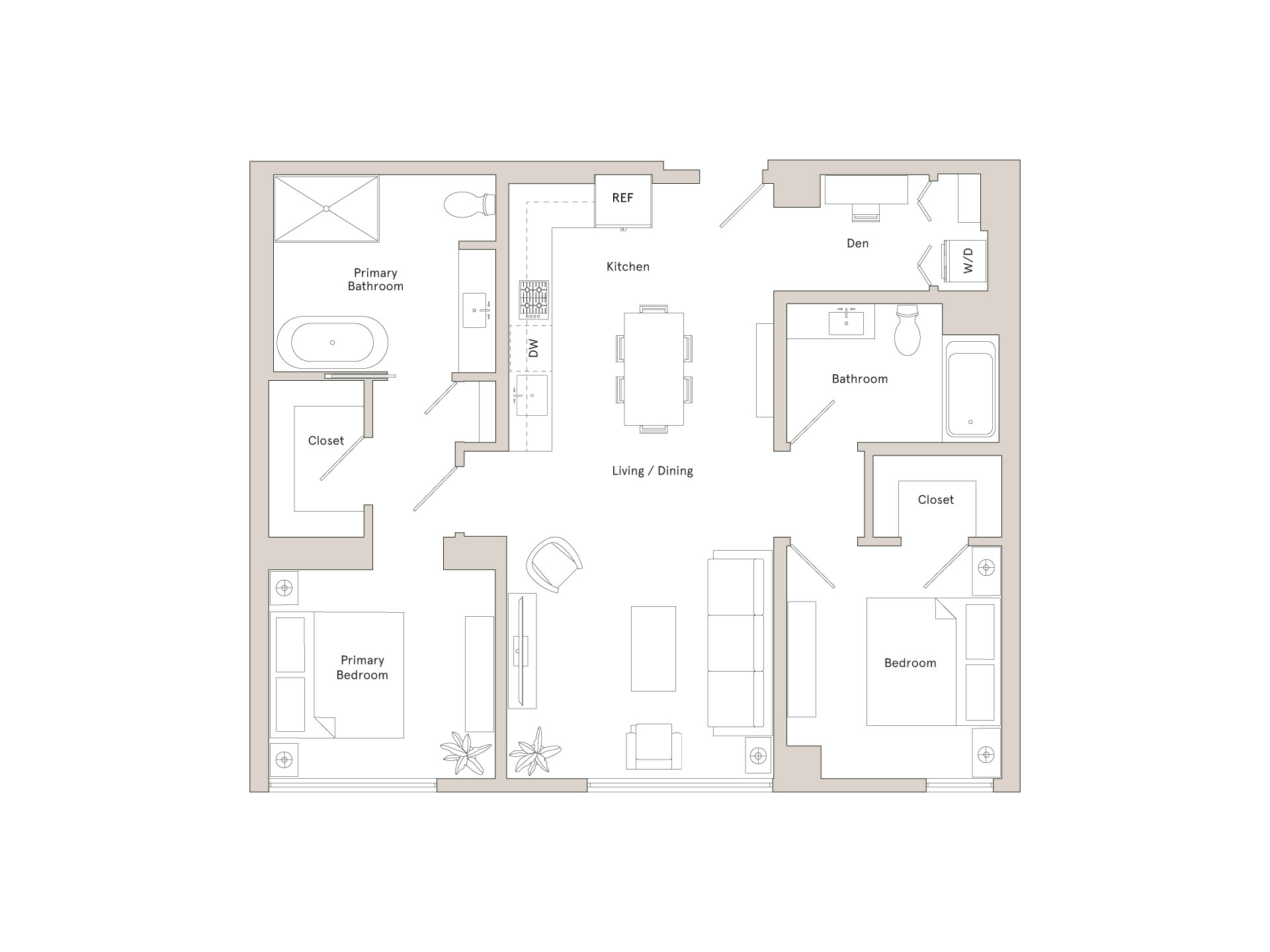 A floor plan of a house with a kitchen, living room, dining room, and two bedrooms.