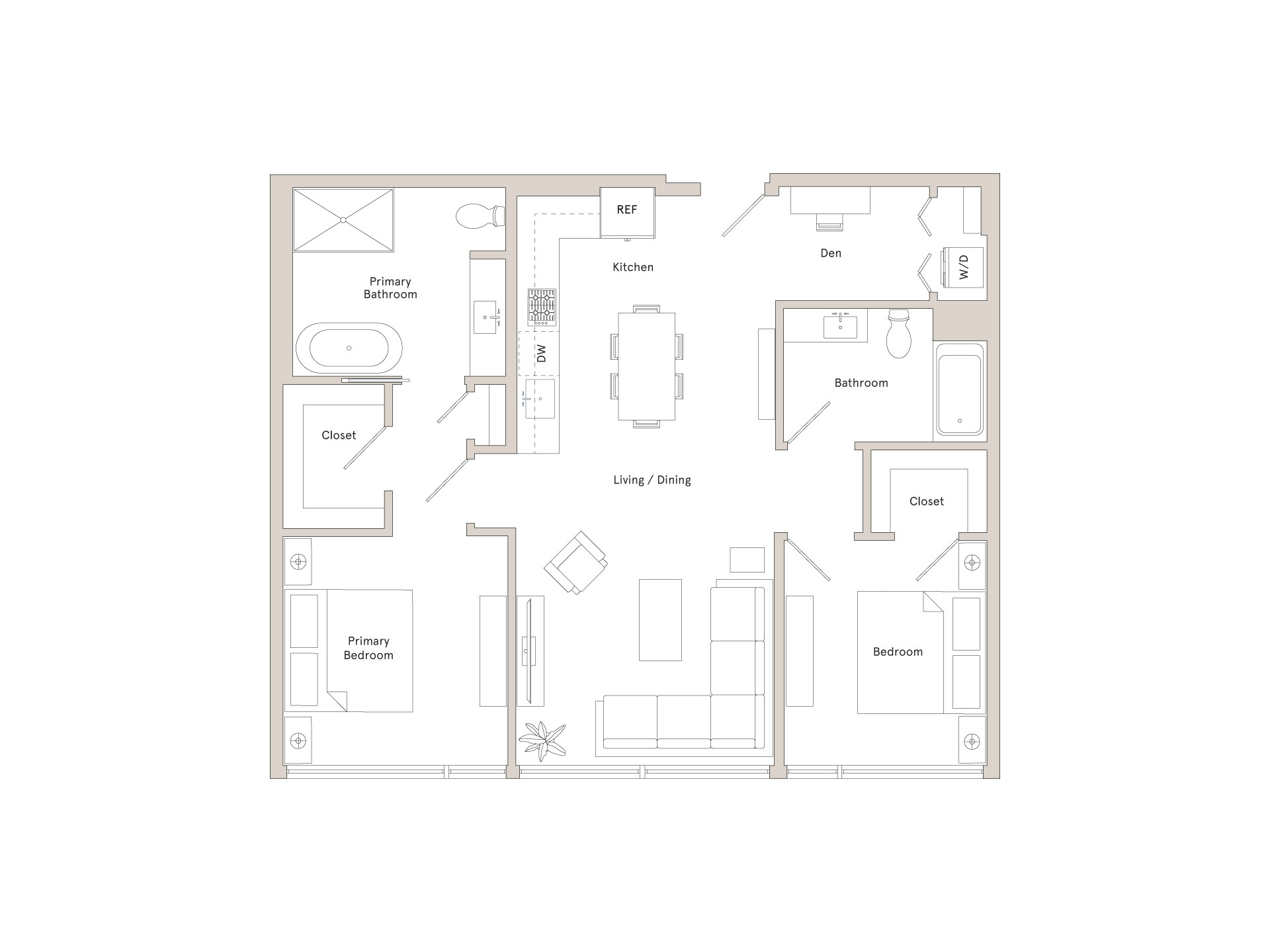 A floor plan of a house with a living room, dining room, kitchen, two bedrooms, and a bathroom.