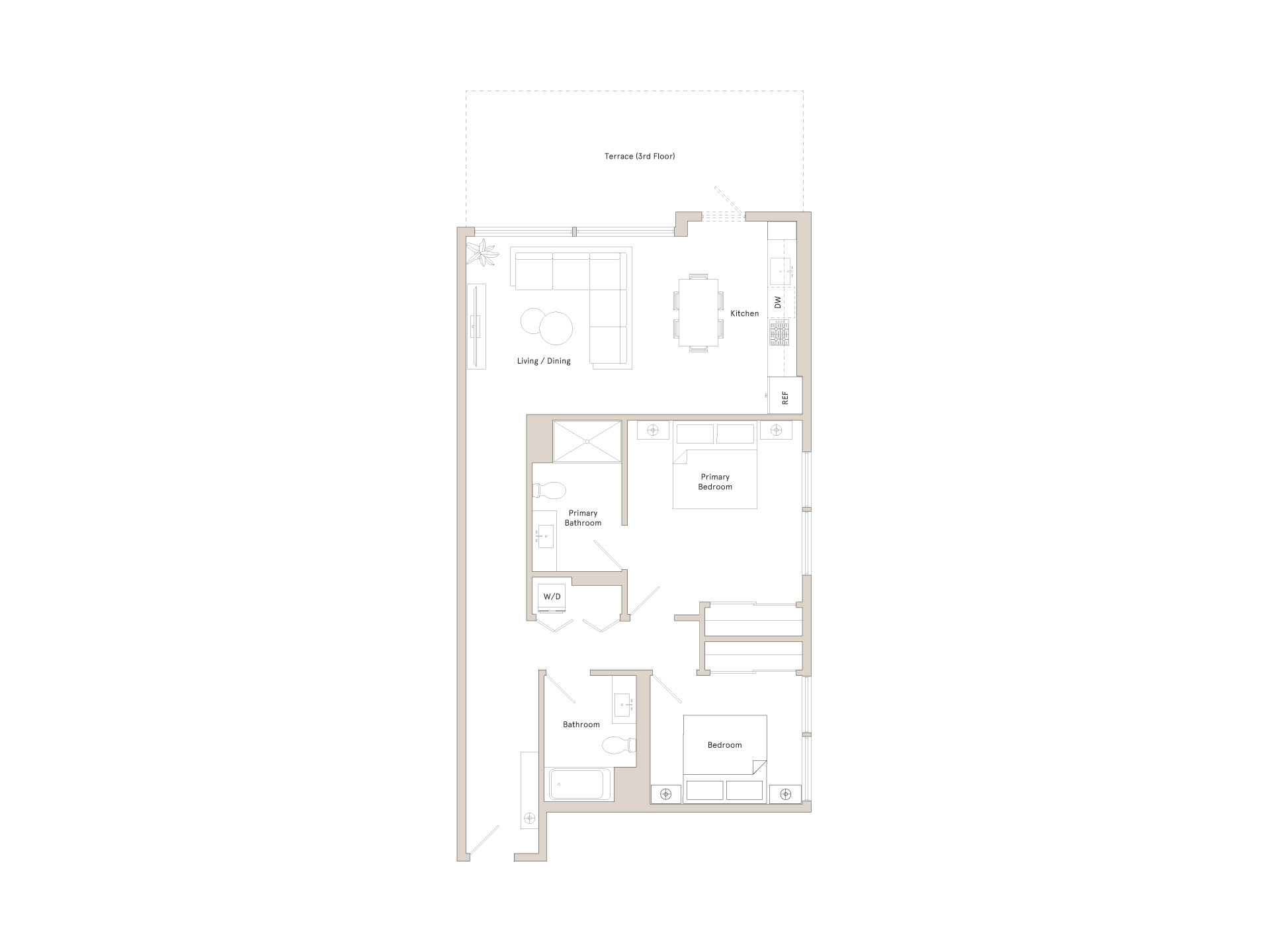 A floor plan of a home with a living room, dining room, kitchen, and bathrooms.
