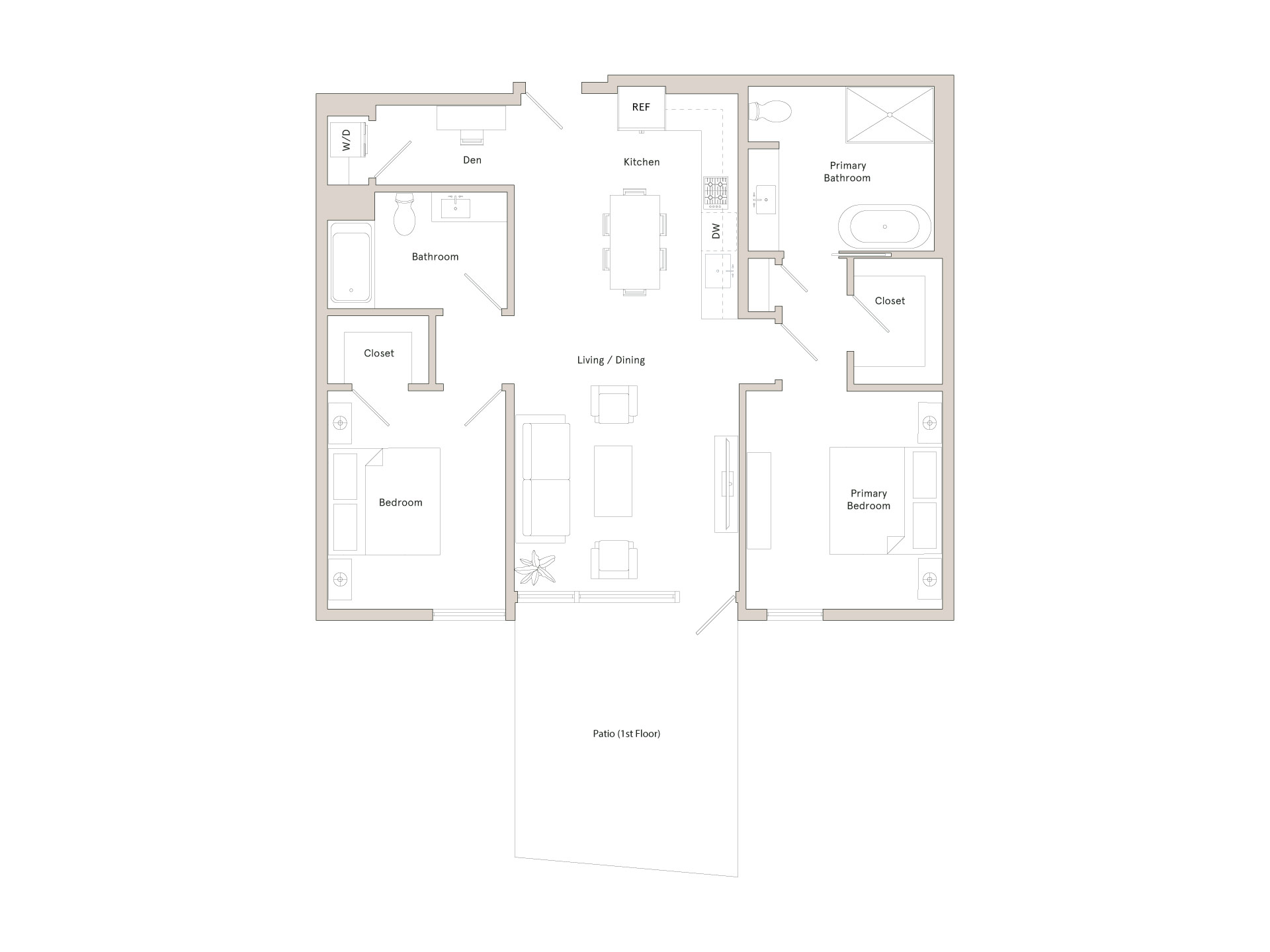 A floor plan of a house with a kitchen, living room, and bathrooms.