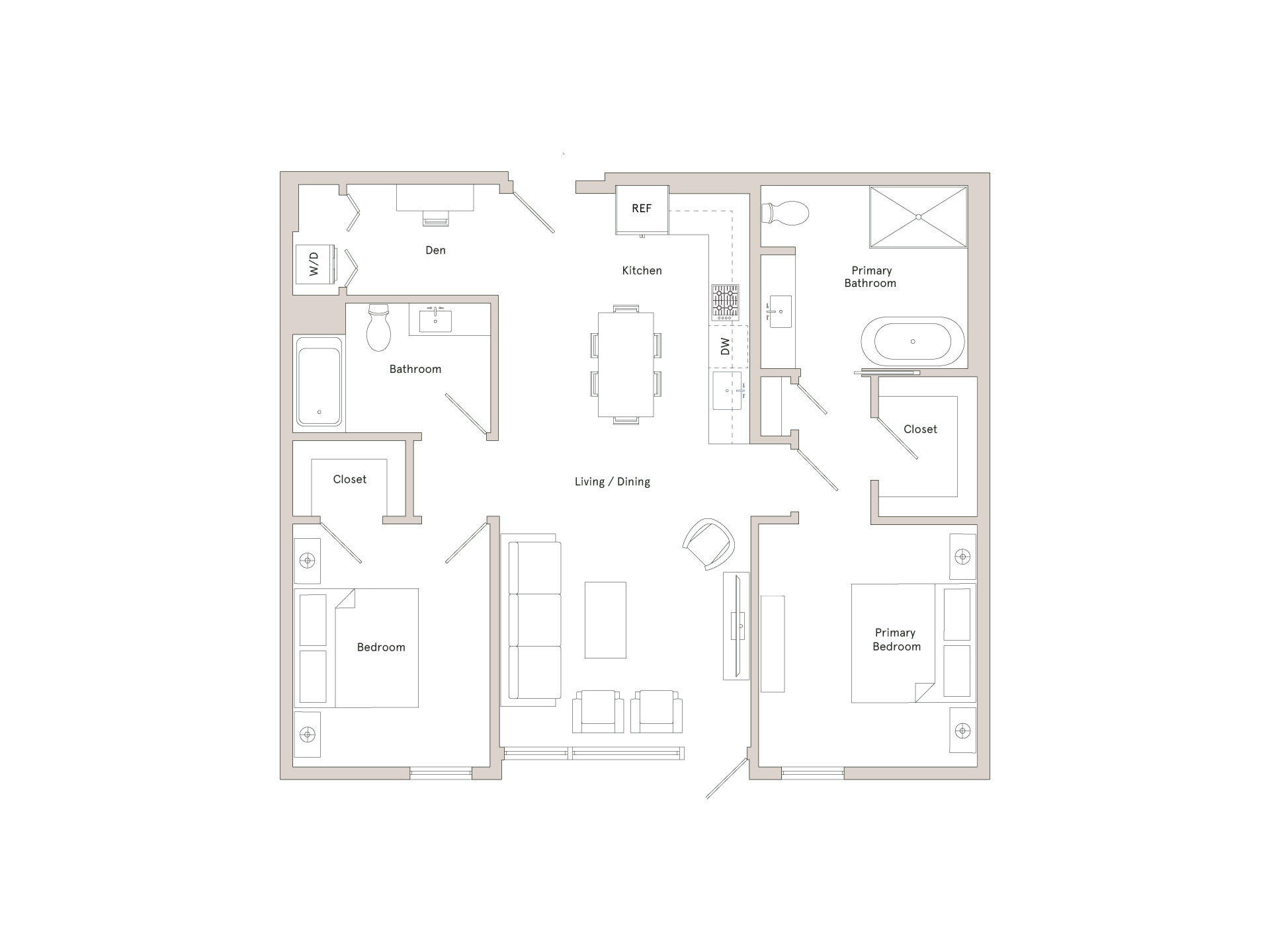 A floor plan of a house with a kitchen, living room, and two bedrooms.