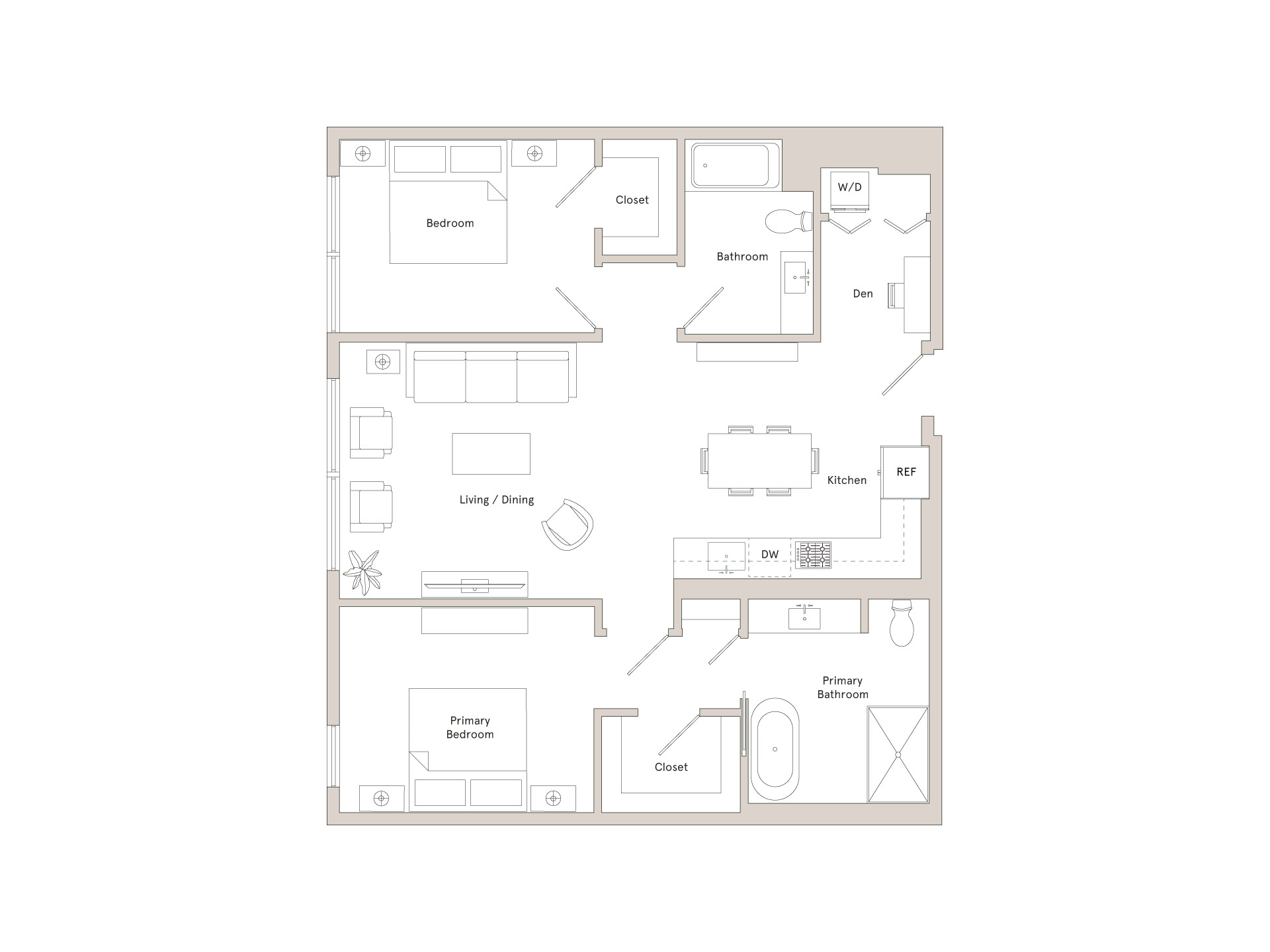 A floor plan of a house with a primary bedroom, bathroom, living room/dining area, kitchen, and a secondary bedroom.