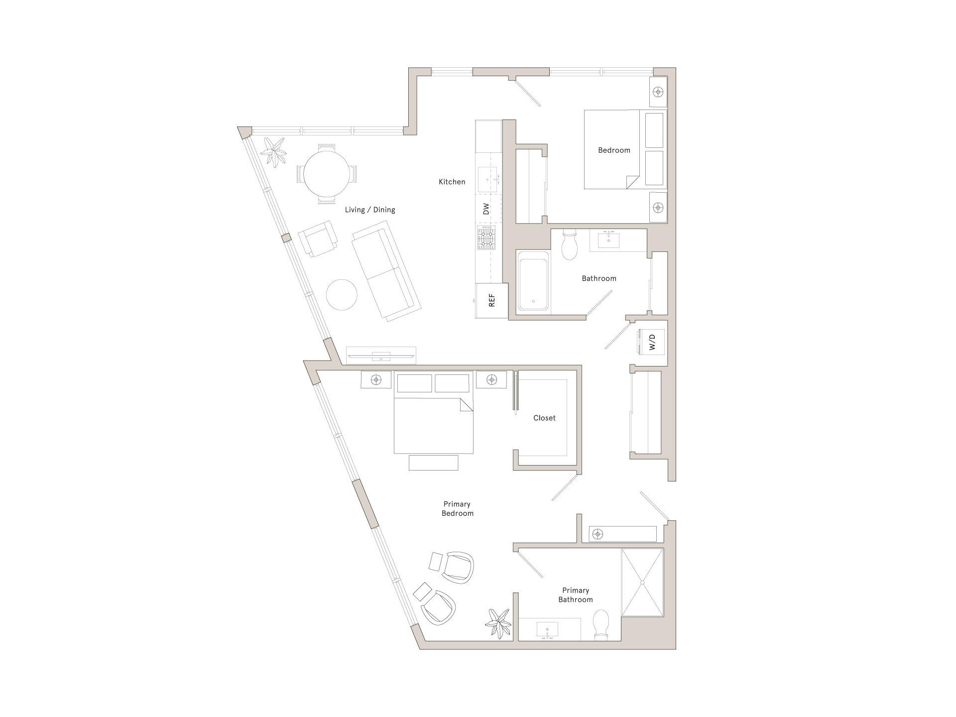 A floor plan of a house with a kitchen, living room, dining room, and bathrooms.