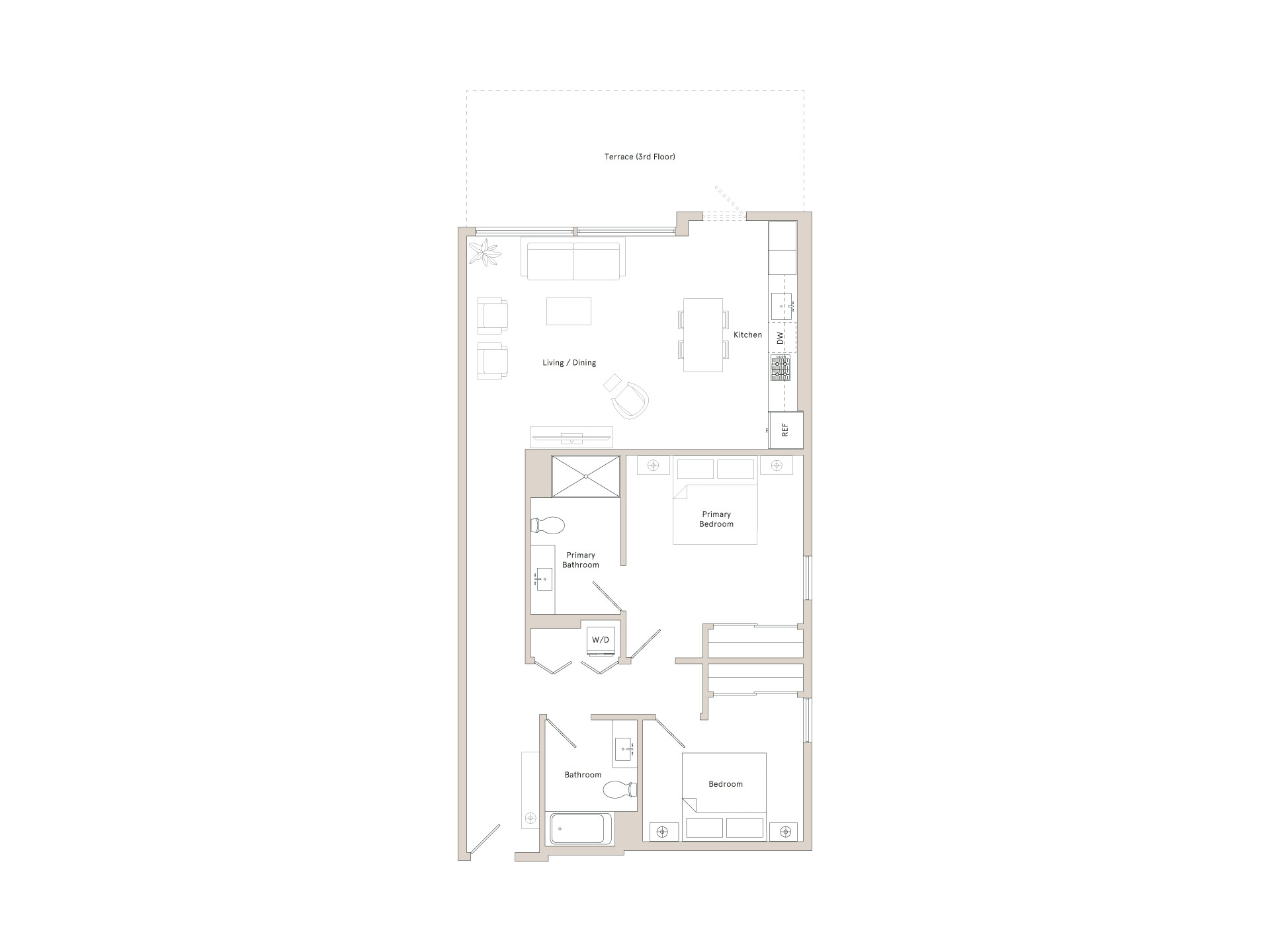 A floor plan of a home with a living room, dining room, kitchen, and two bedrooms.,A floor plan of a home with a living room, dining room, kitchen, and two bedrooms.
