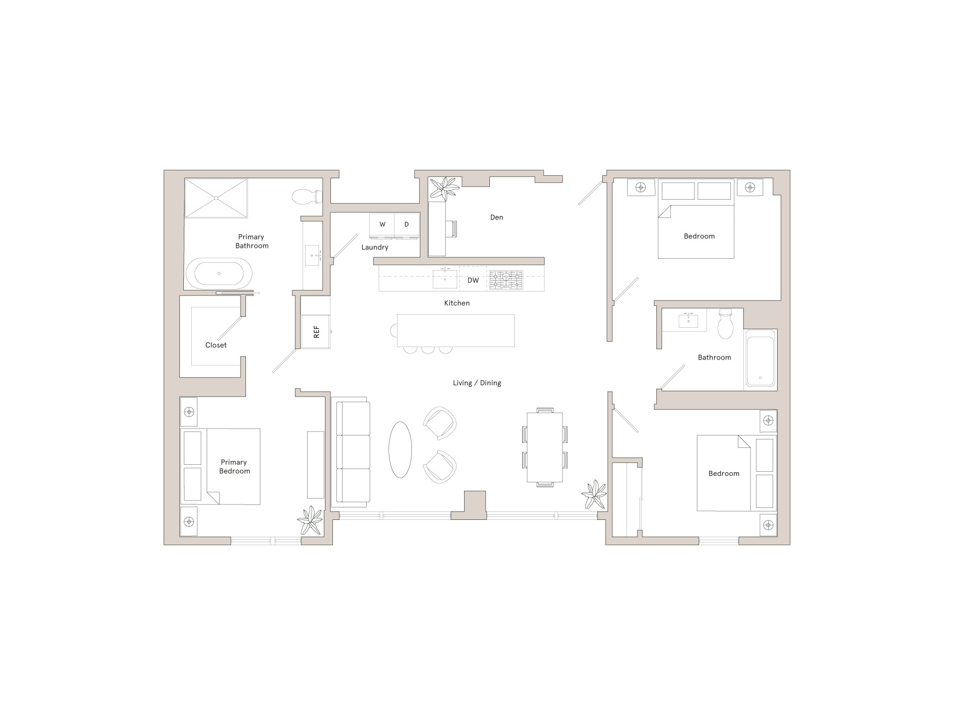 A floor plan of a house with a living room, dining room, kitchen, and two bathrooms.