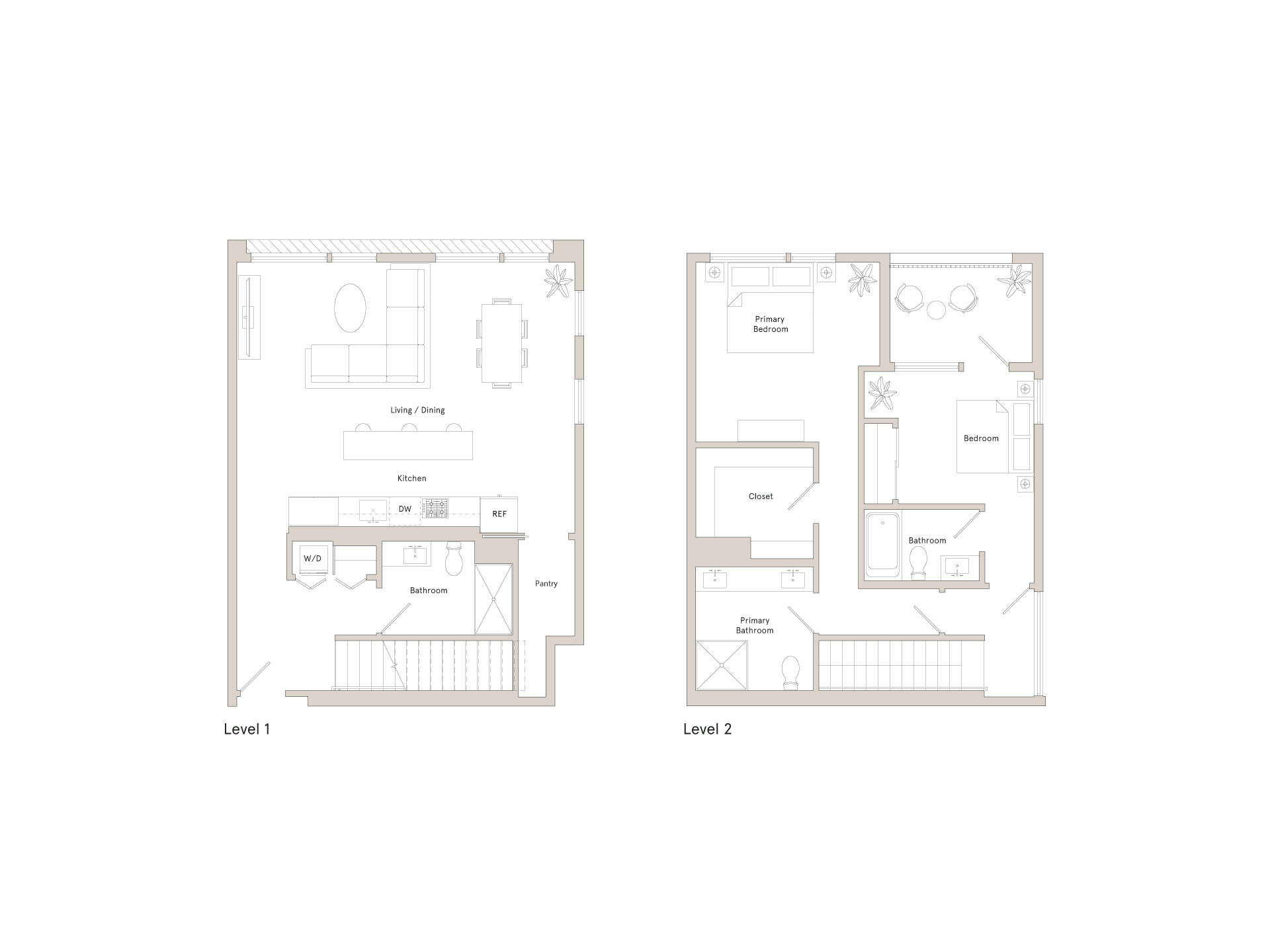Two floor plans for a house with two levels.