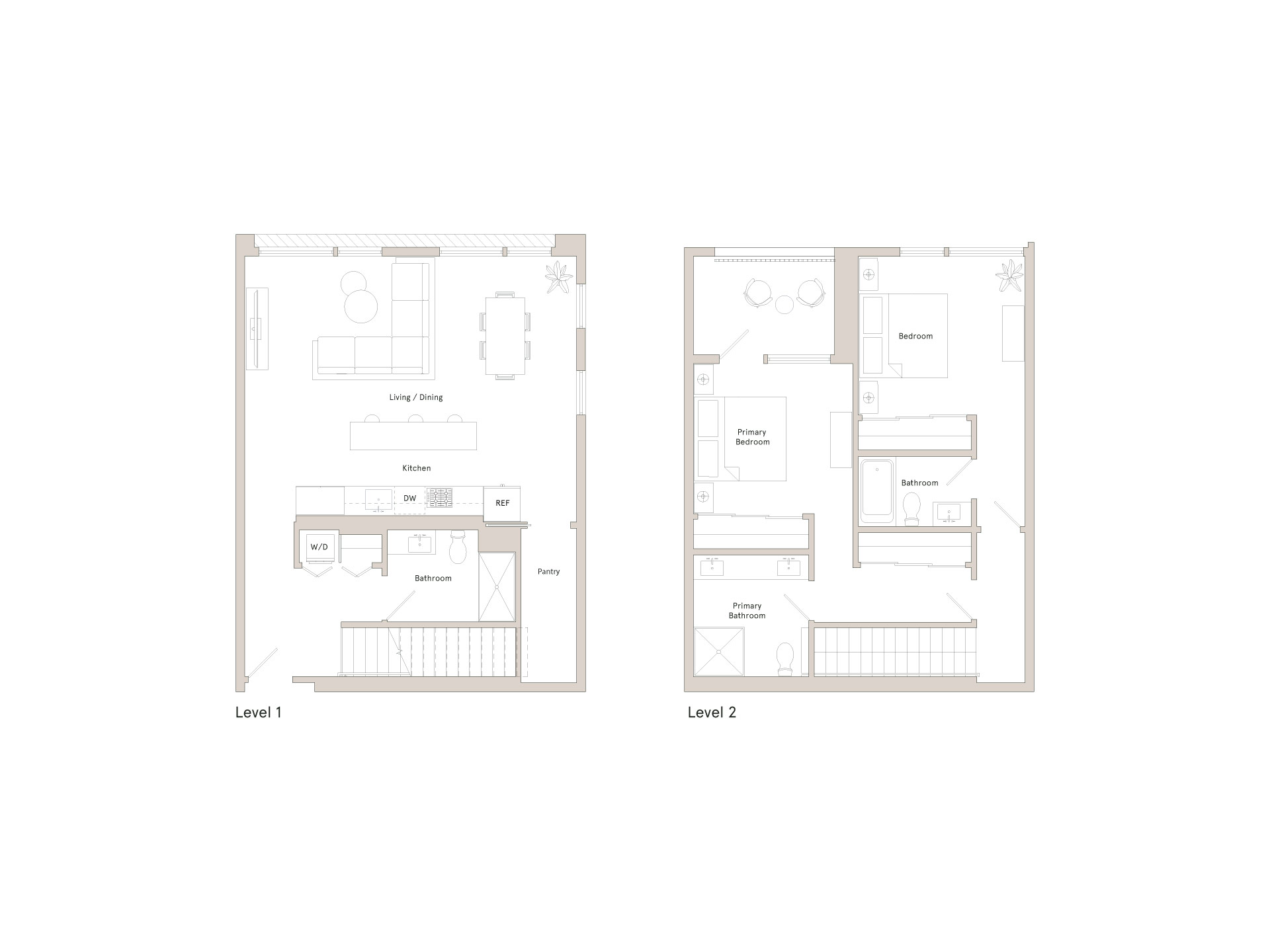 Two floor plans for a house with two levels.