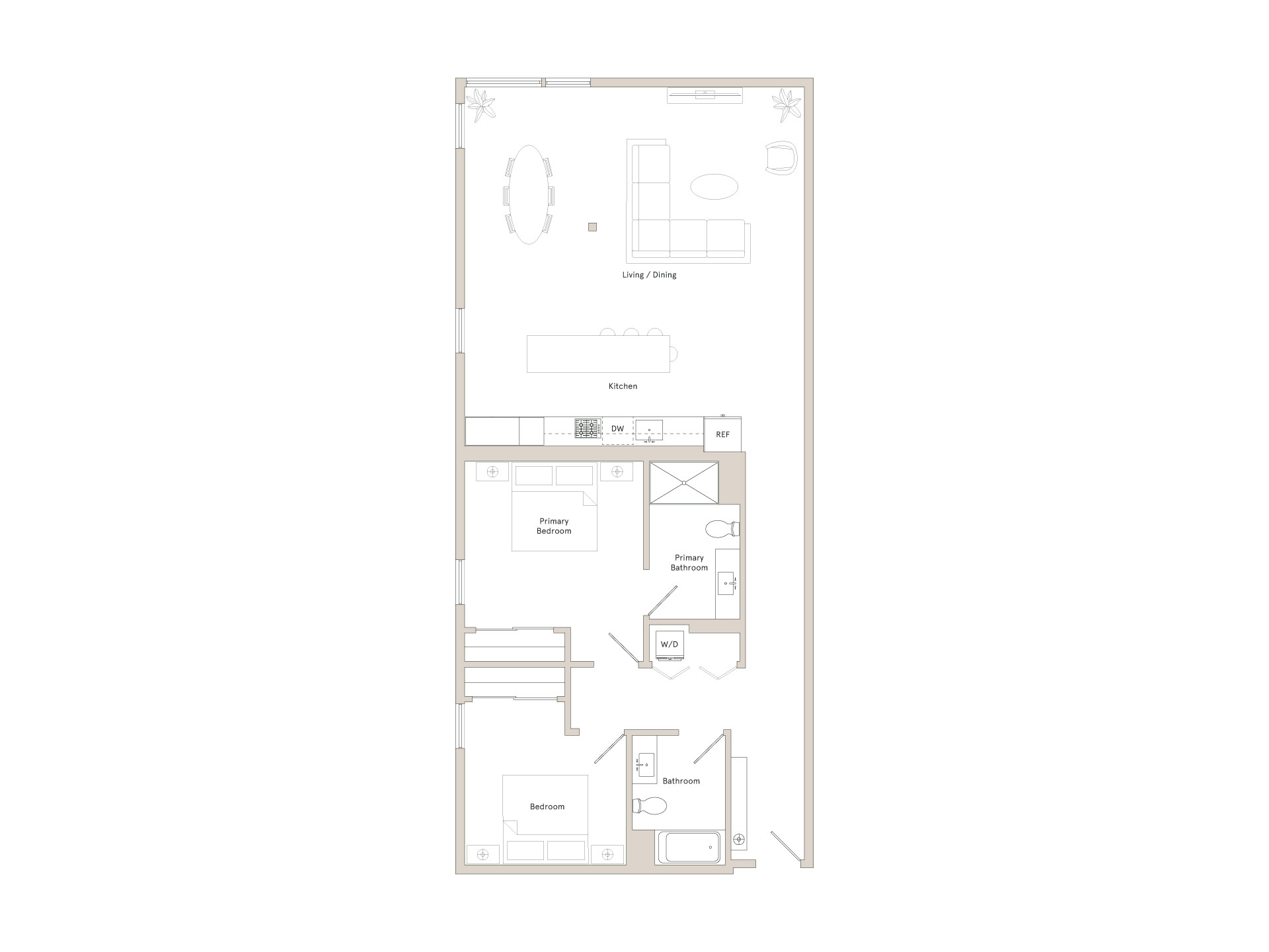A floor plan of a room with furniture and appliances.