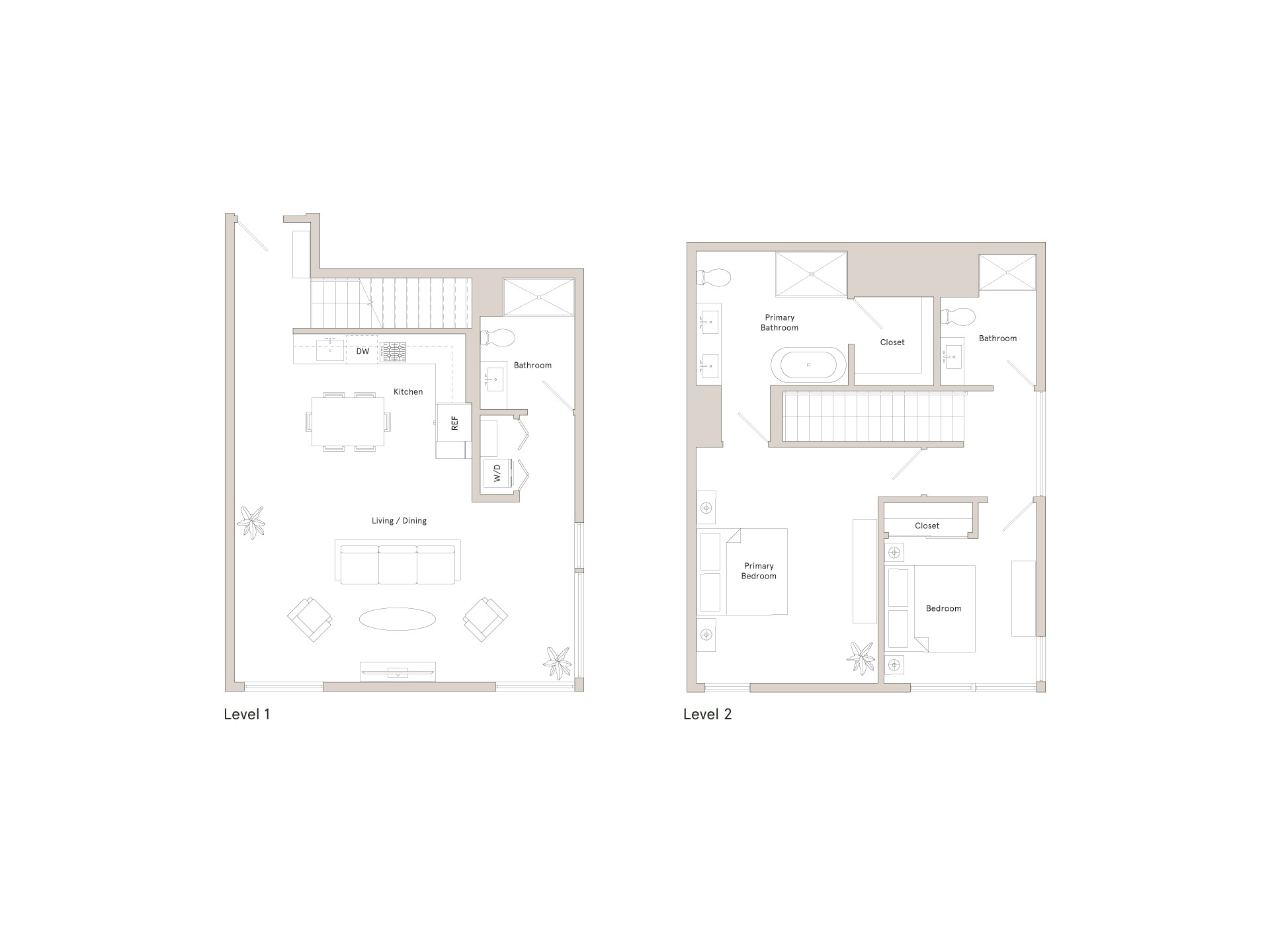 Two floor plans for a house with two levels.