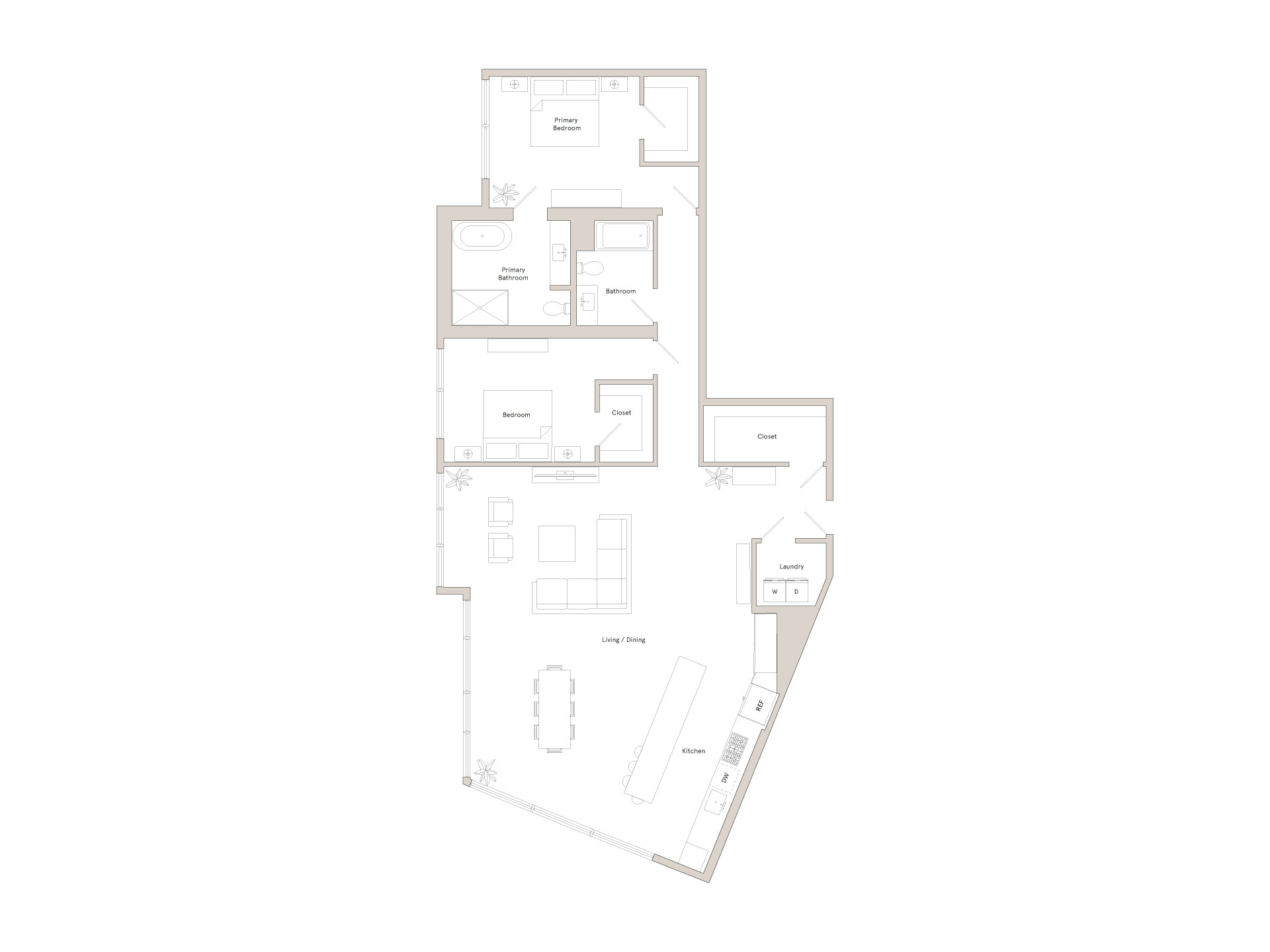 A floor plan of a house with a kitchen, living room, dining room, and two bedrooms.