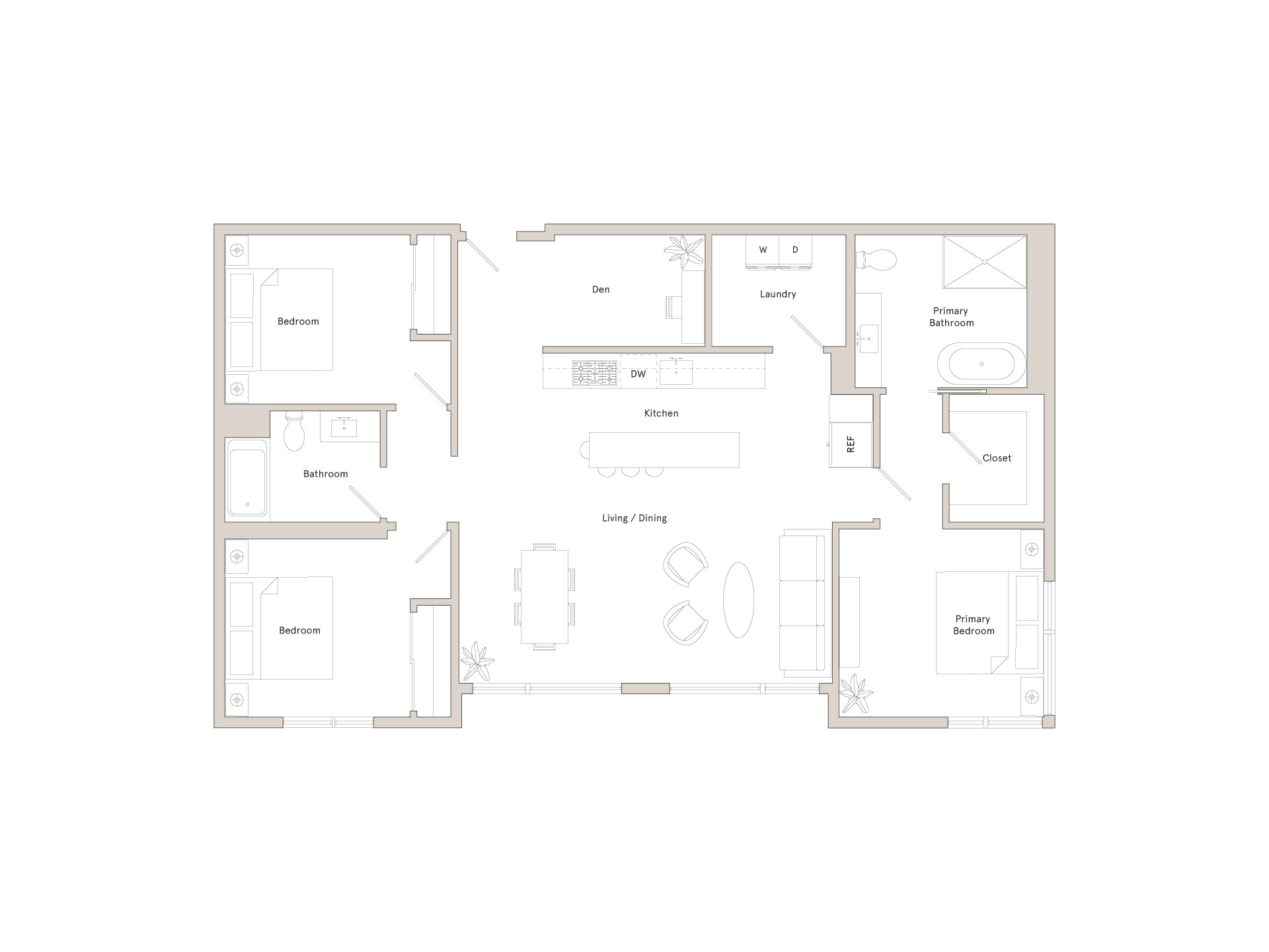 A floor plan of a house with a living room, dining room, kitchen, and two bathrooms.