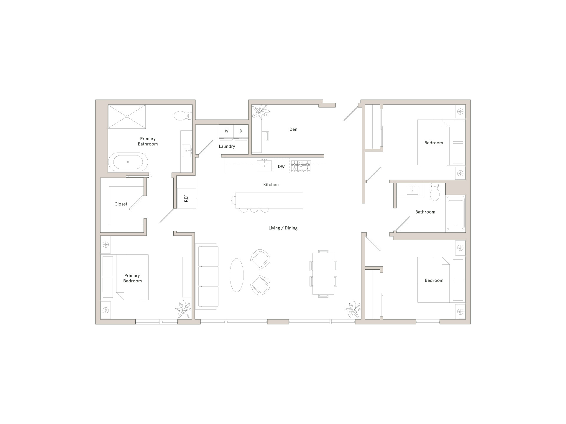 A floor plan of a house with a garage, living room, dining room, kitchen, and two bedrooms.