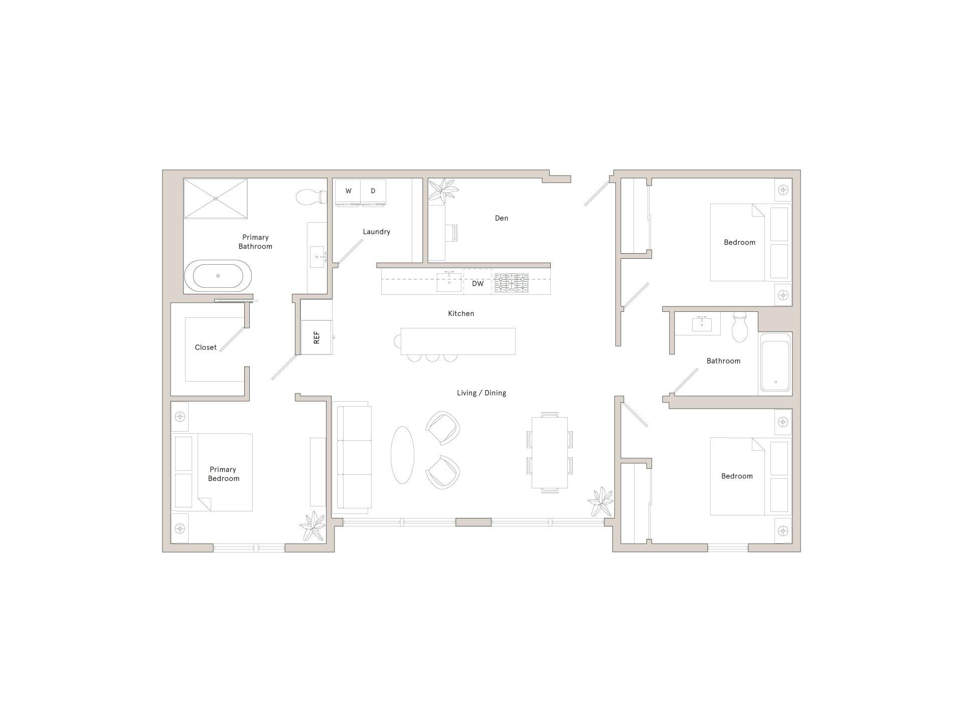 A floor plan of a house with a living room, dining room, kitchen, and two bathrooms.