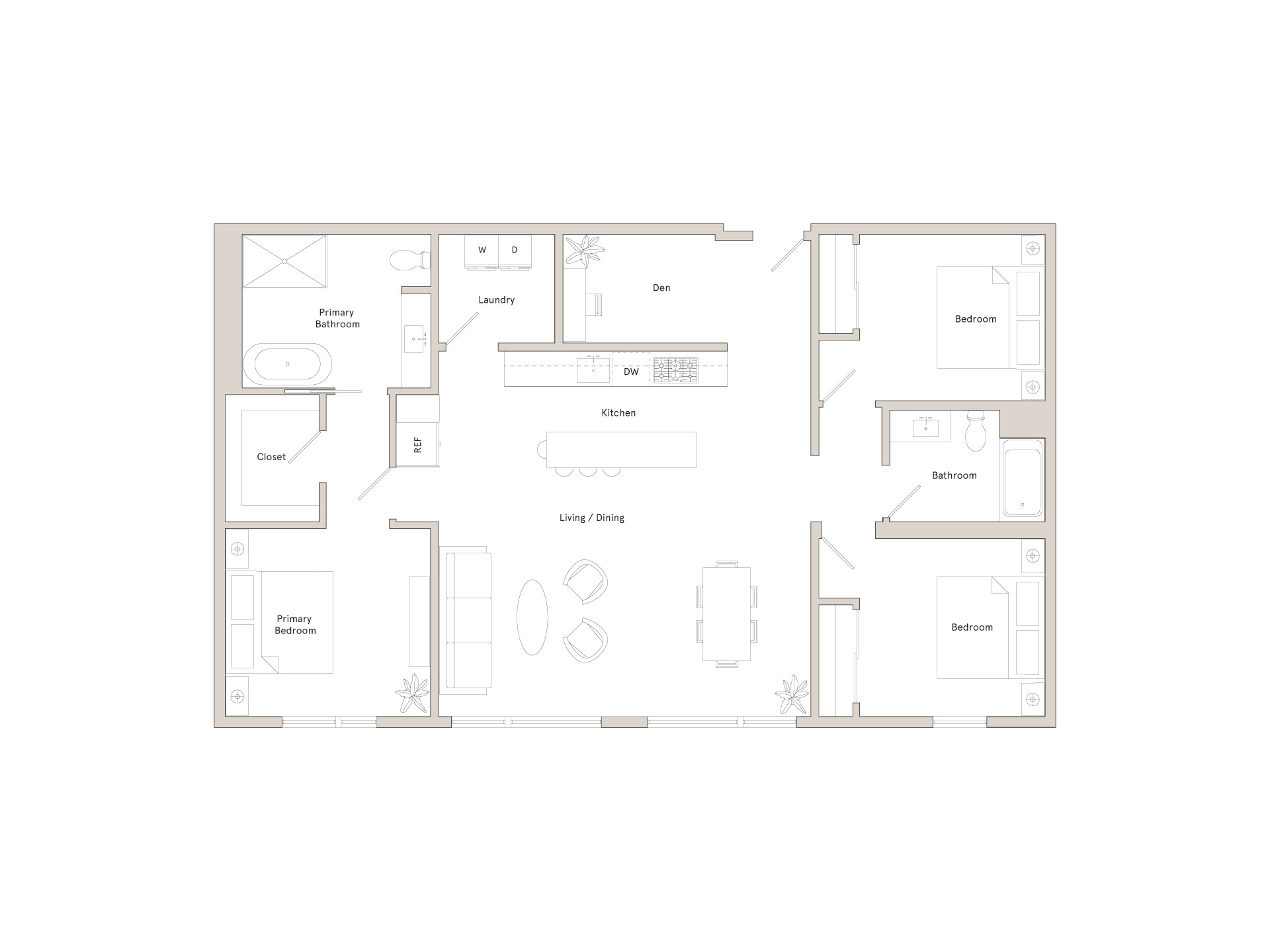 A floor plan of a house with a kitchen, living room, and two bedrooms.