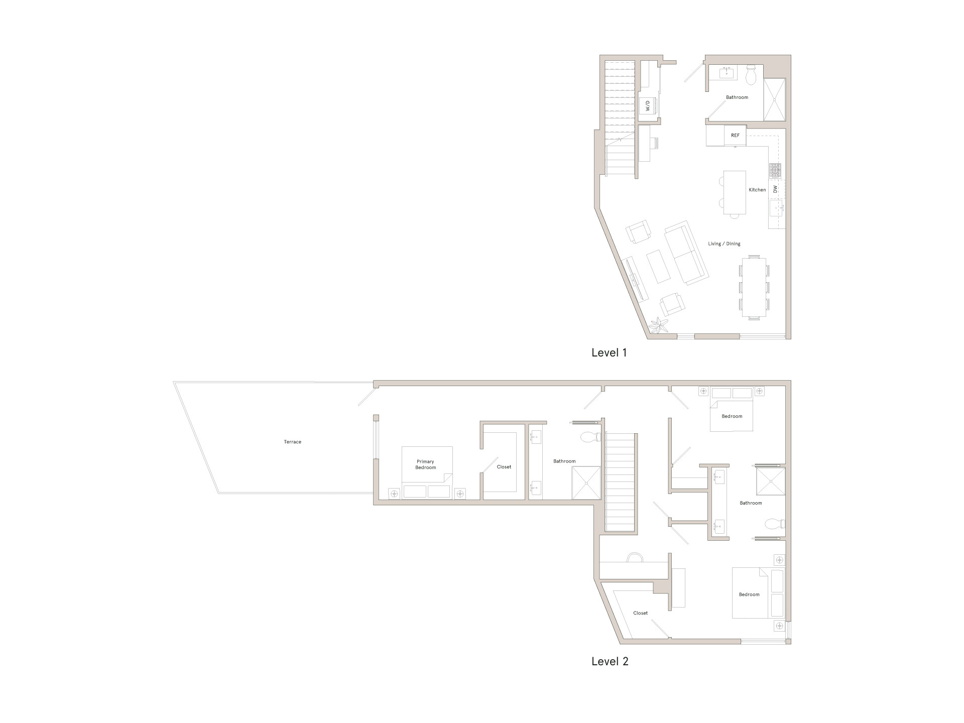 A floor plan of a two-level residential building.