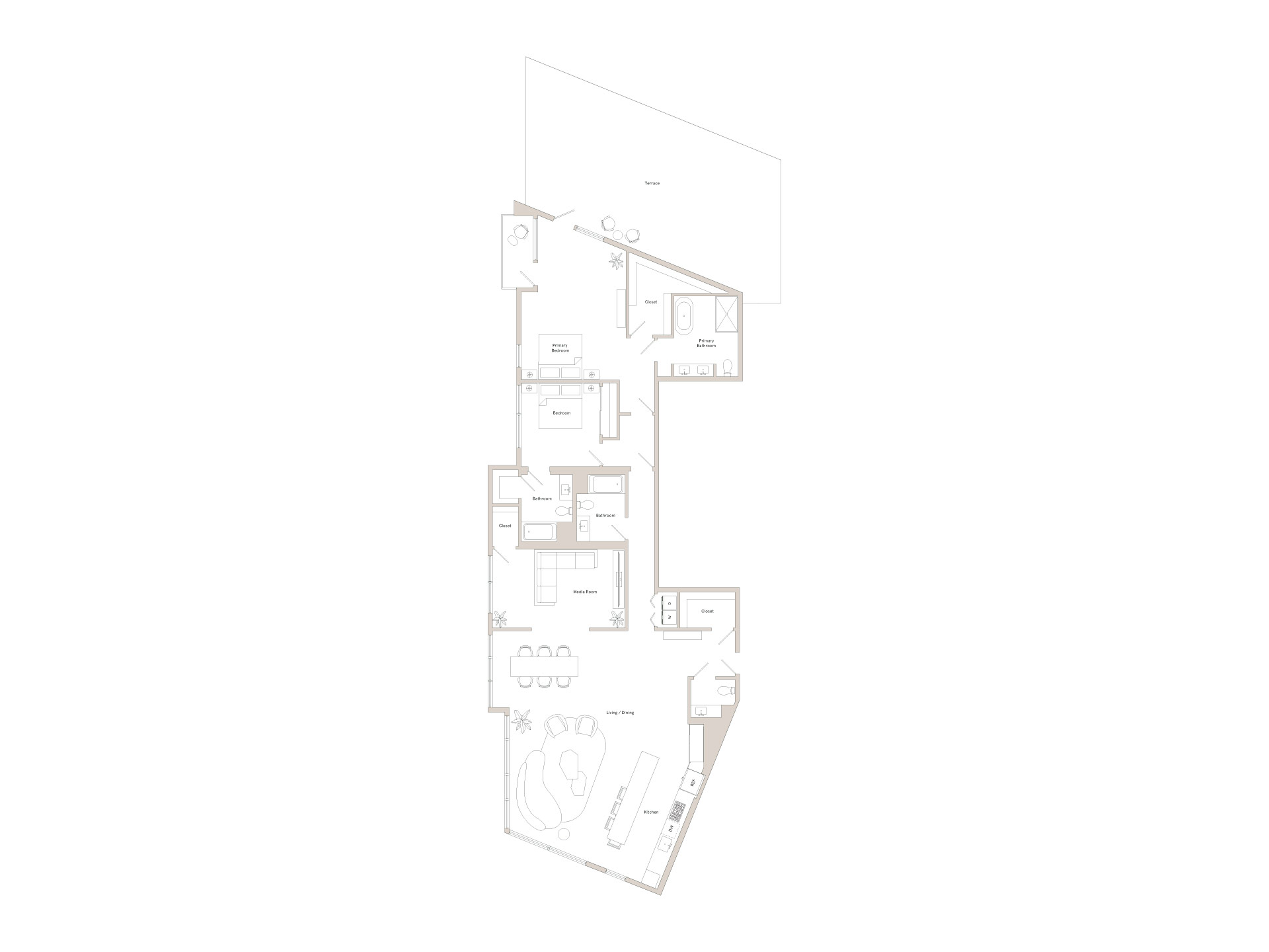 A floor plan of a house with a kitchen, living room, and two bedrooms.