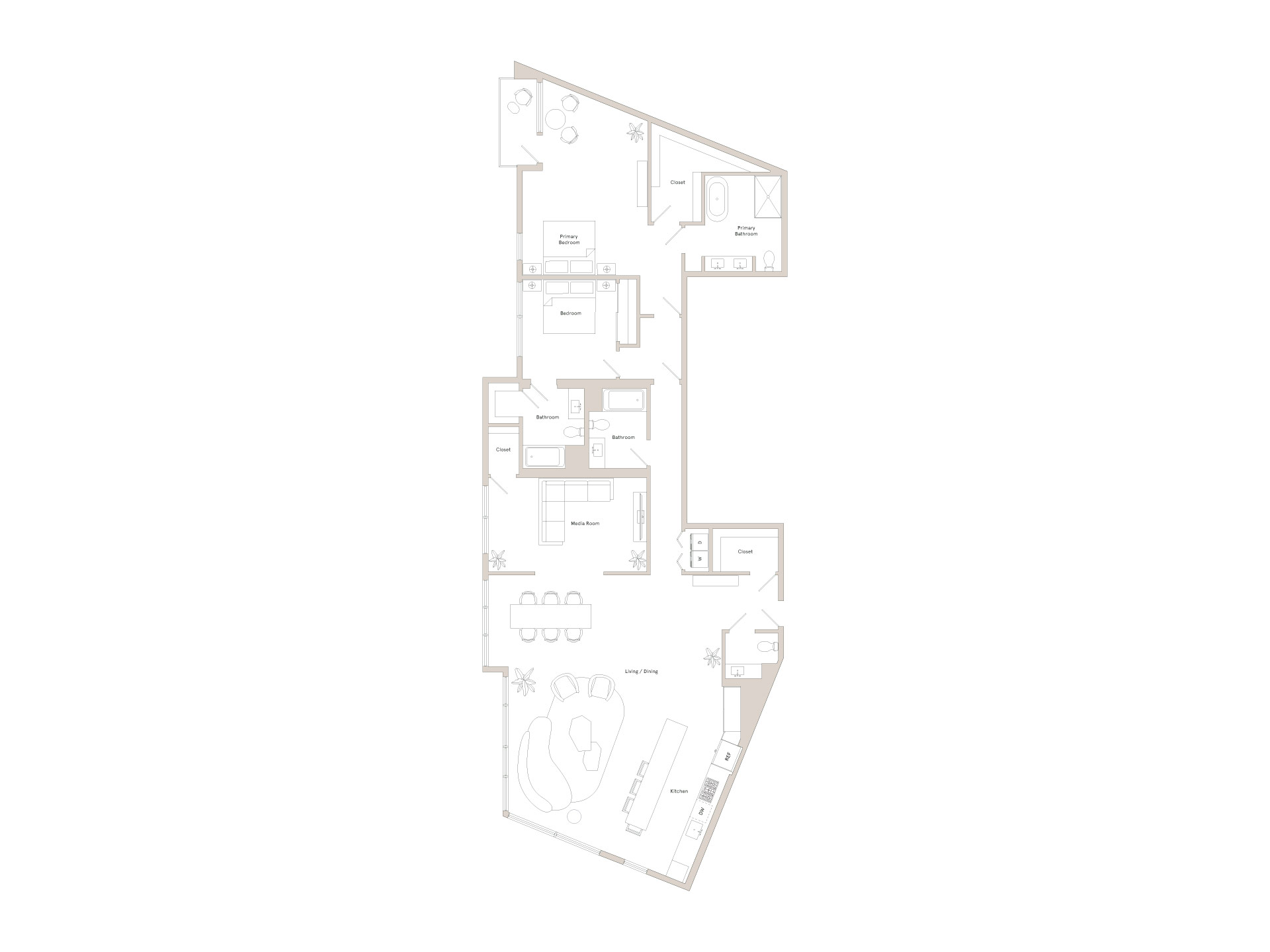 A floor plan of a house with a kitchen, living room, and two bedrooms.