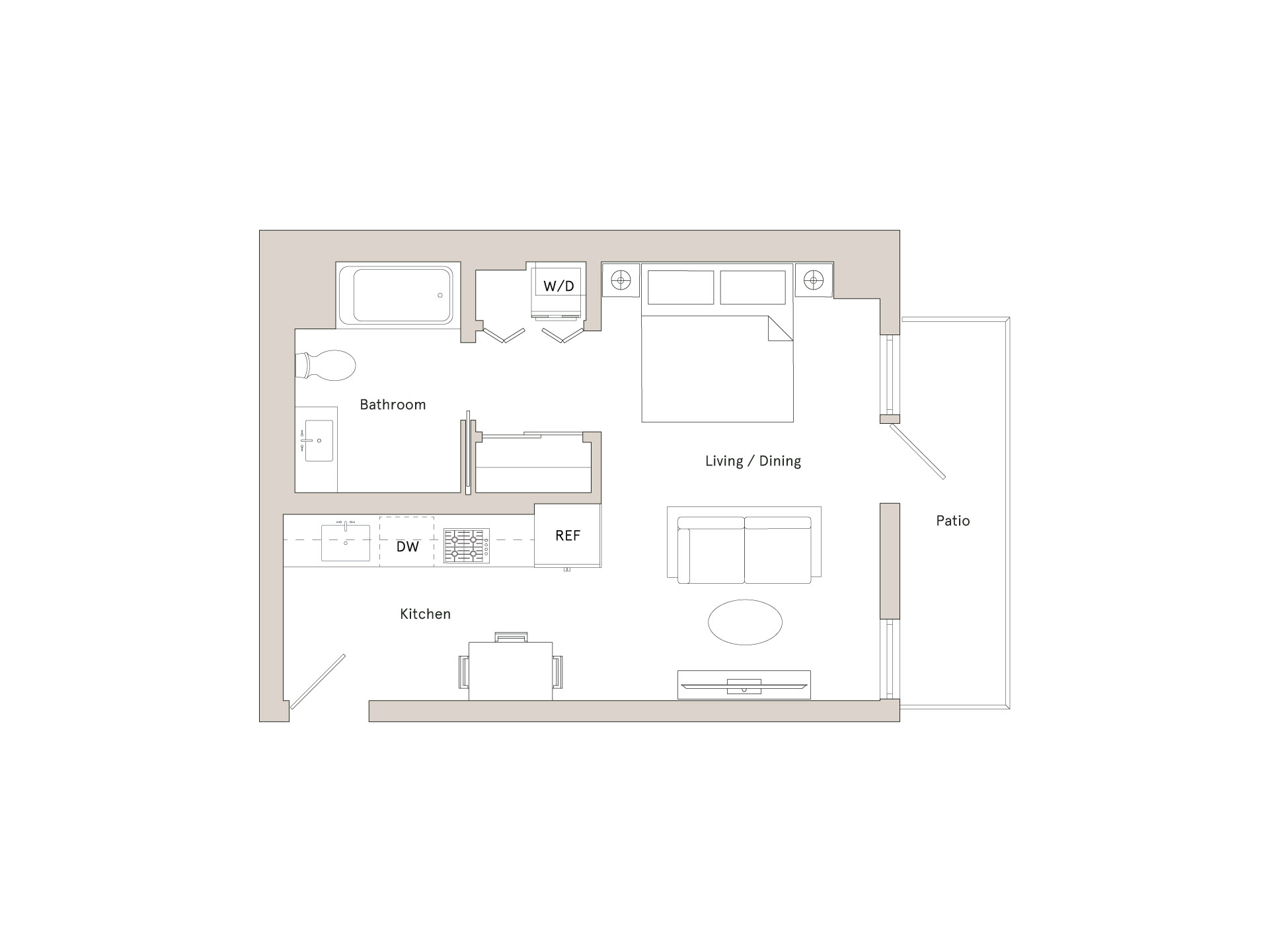 A floor plan of a house with a living room, dining room, kitchen, bathroom, and patio.