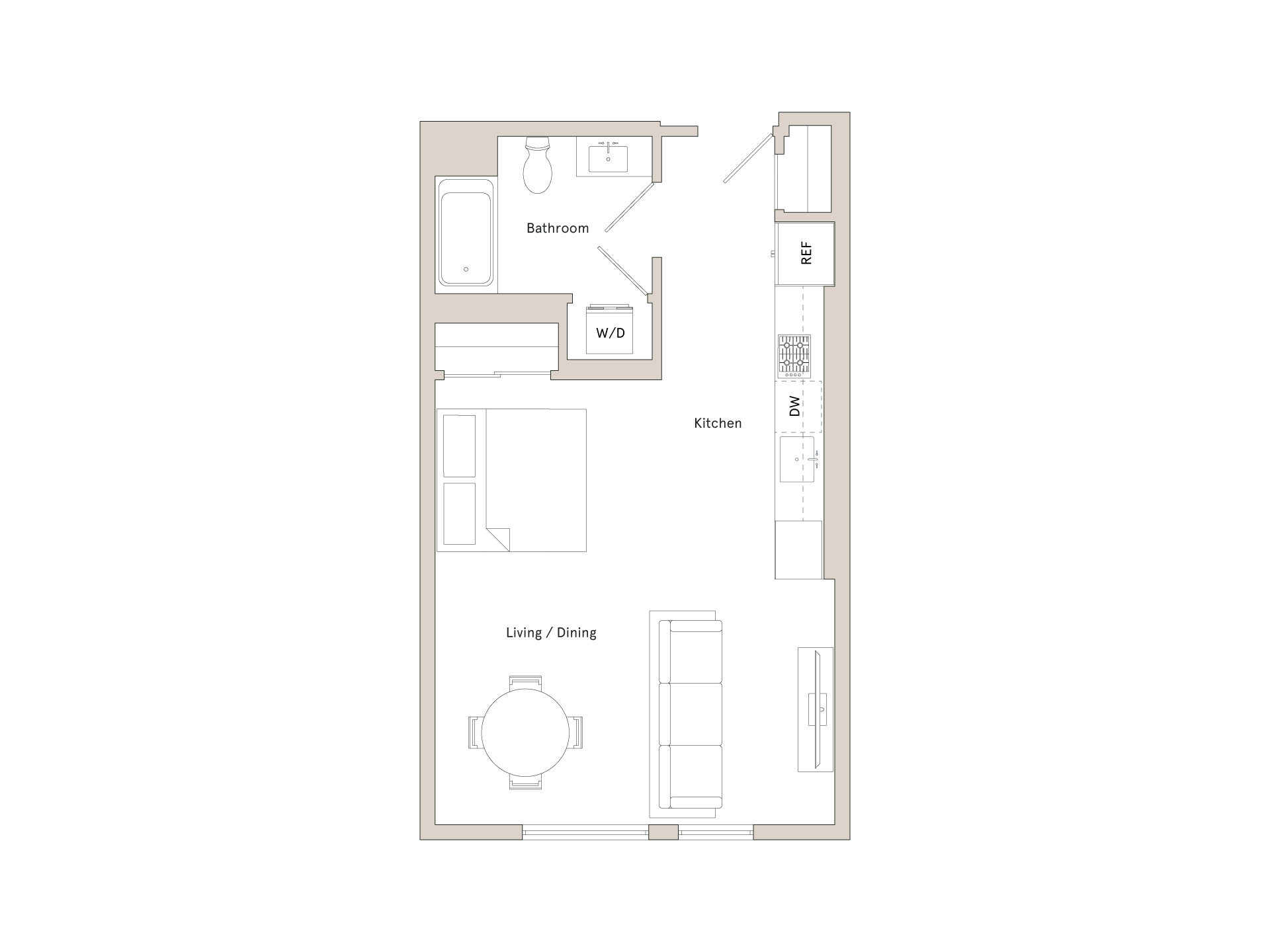 A floor plan of a small apartment with a living room, dining room, kitchen, and bathroom.