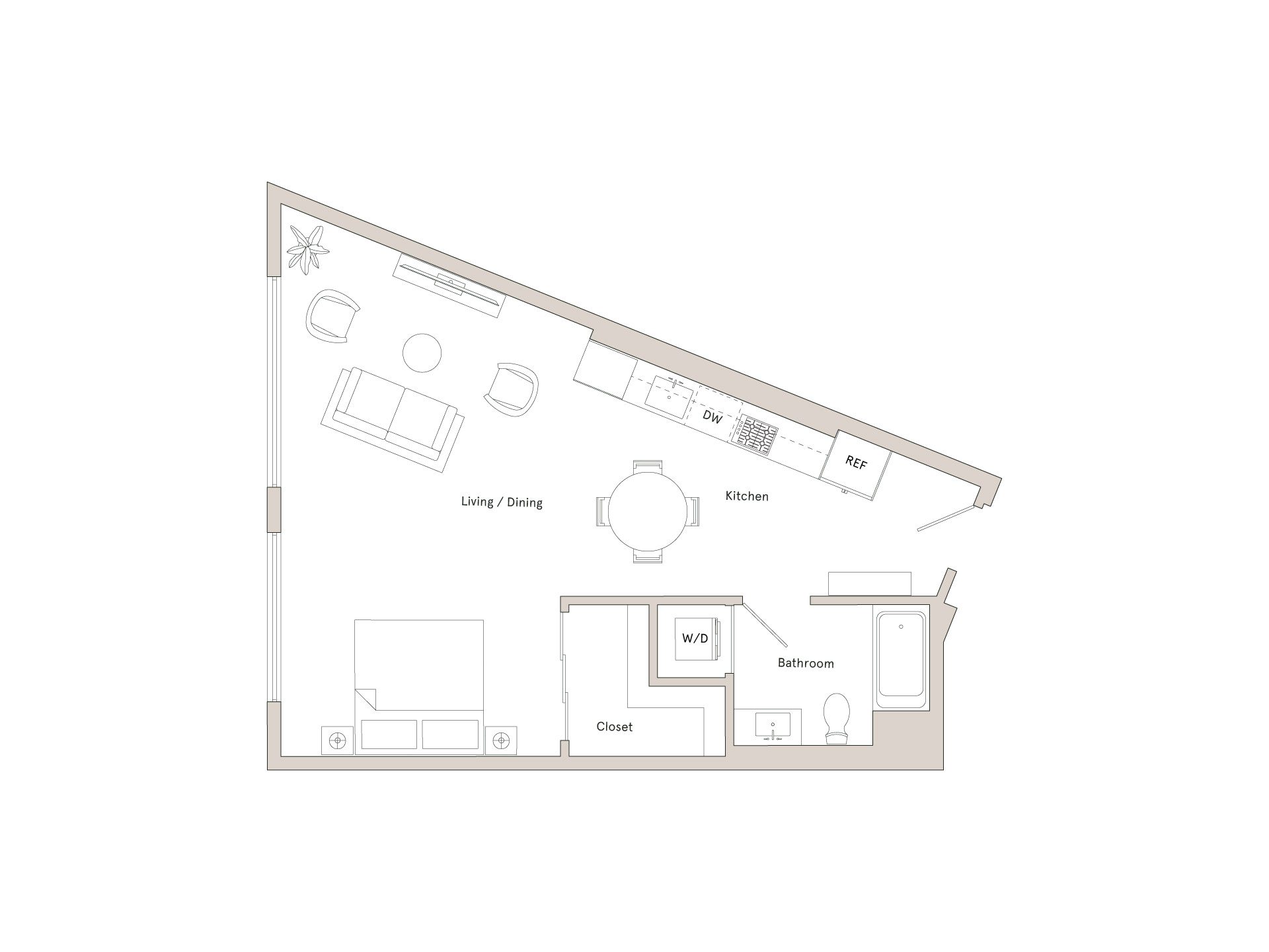 A floor plan of a small apartment with a kitchen, living room, and bedroom.