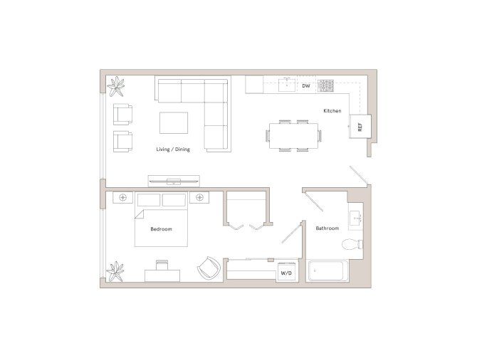 A floor plan of a house with a kitchen, dining area, bedroom, bathroom, and workspace.,A floor plan of a house with a kitchen, living room, dining room, bedroom, and bathroom.