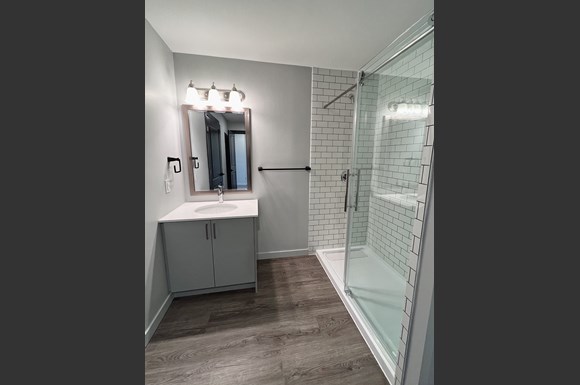 Modern bathroom with grey vanity and glass shower
