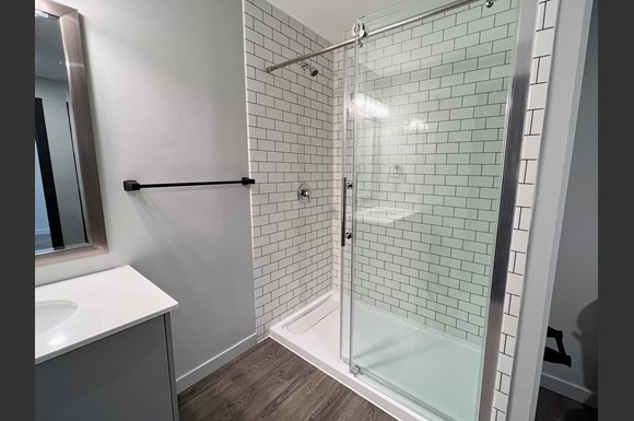Modern Glass Shower with white tile and black grout
