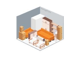 a 3d projection of a room with furniture and boxes