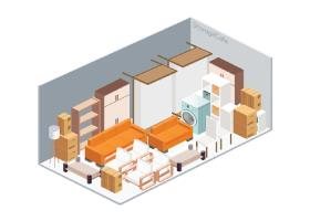 a 3d design of the interior of a home with boxes and furniture