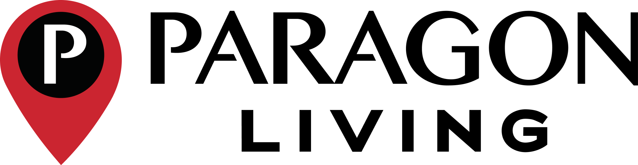 A graphic with a red location pin and the words "PARAGON LIVING" in black text.