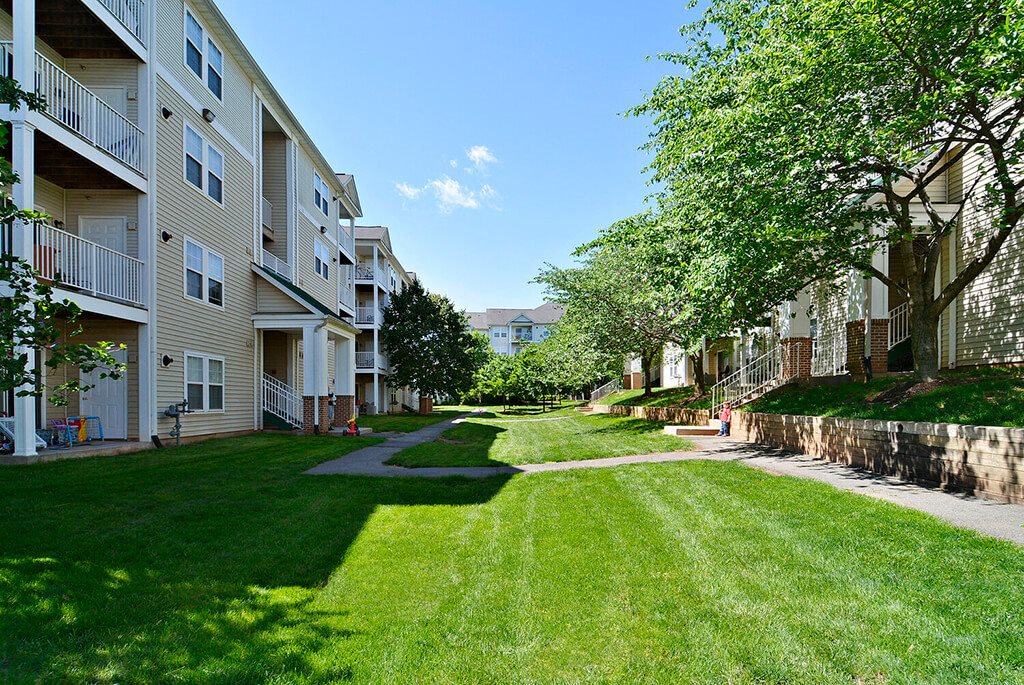 A sunny day at a grassy apartment complex.