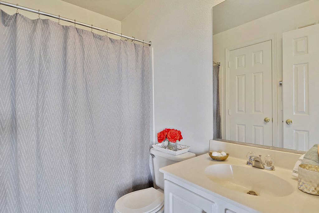 A bathroom with a white toilet, sink, and shower curtain.
