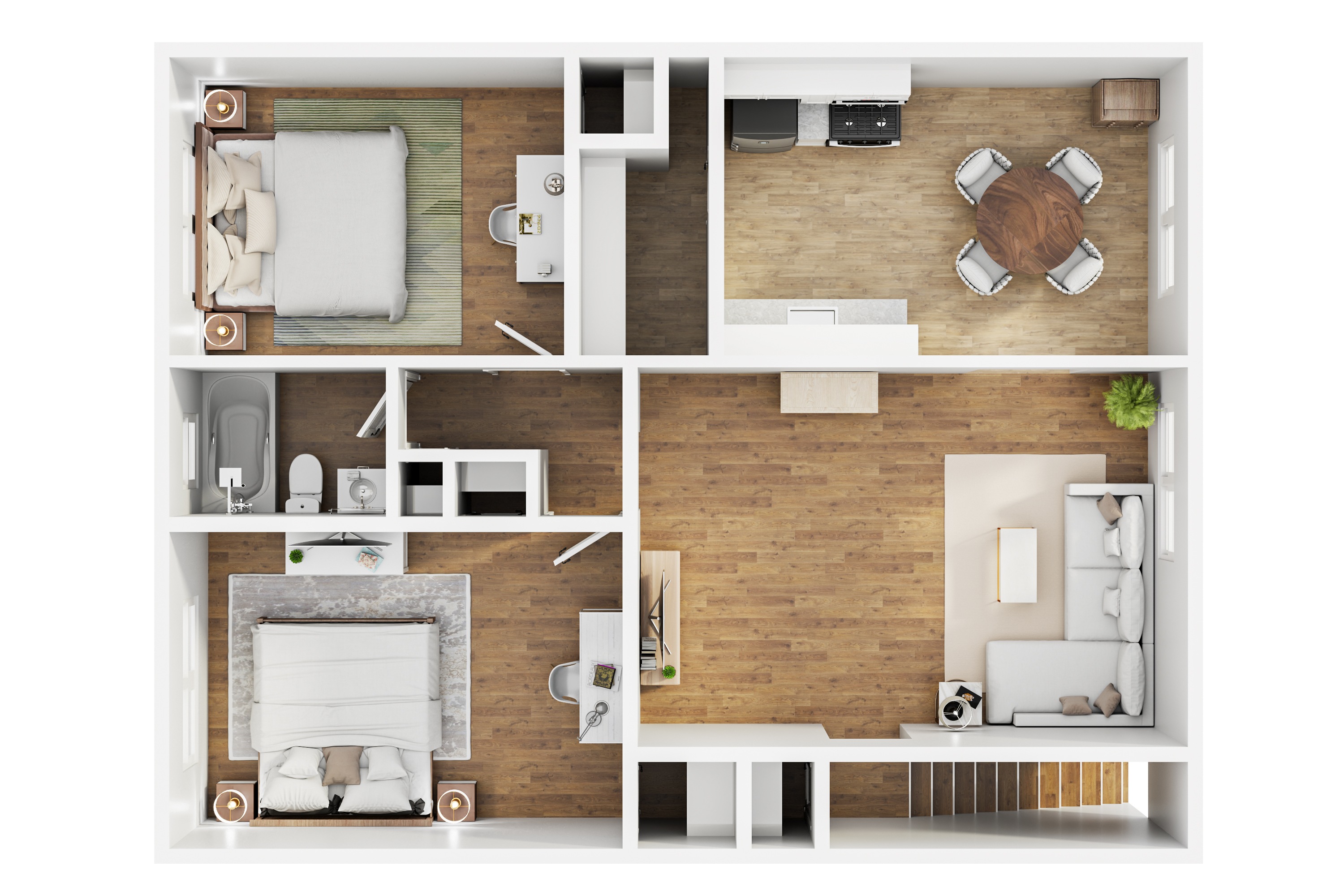 A top-down view of a modern apartment layout with a living room, kitchen, and two bedrooms.