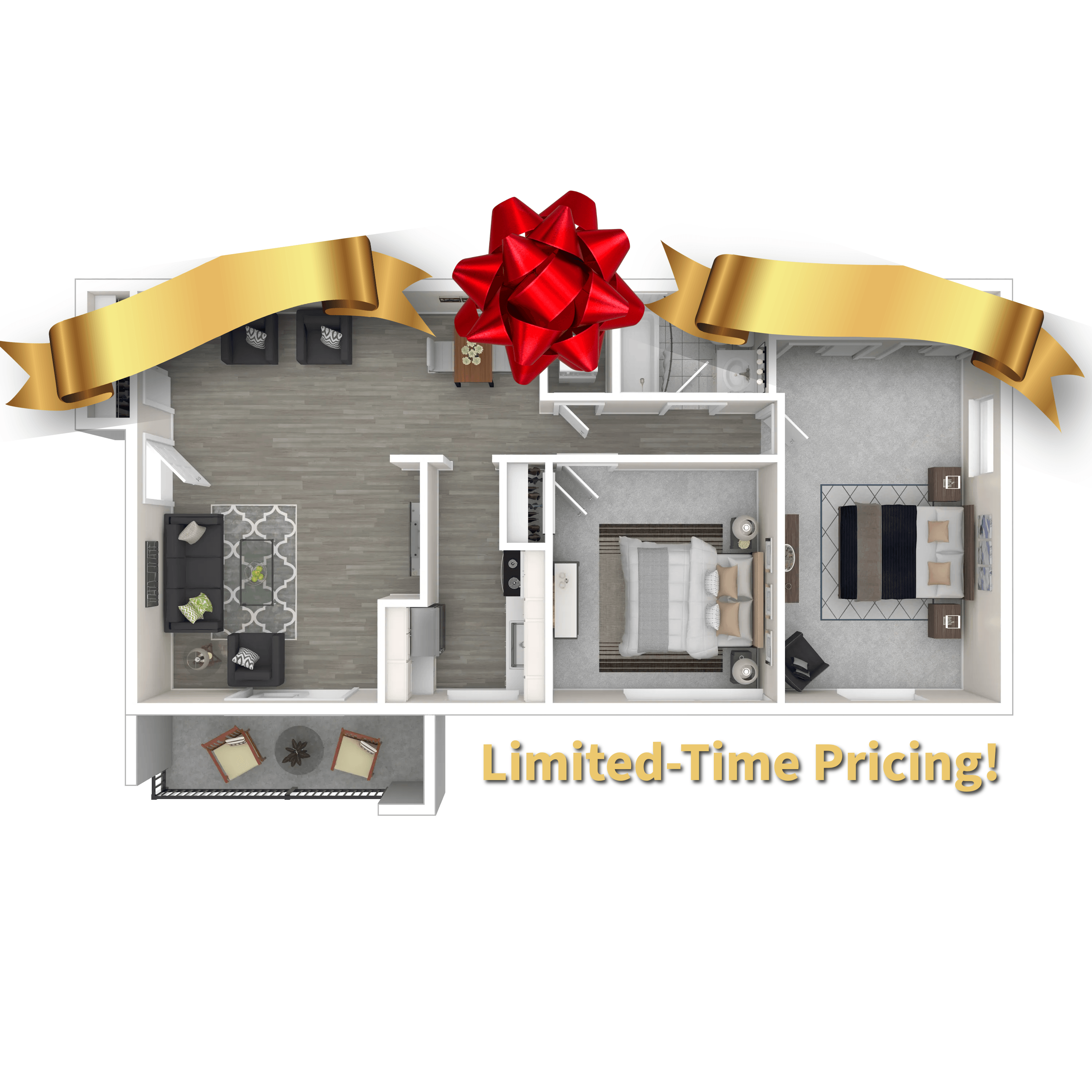 A 3D floor plan of a house with a red bow and gold ribbon above it and a banner below that says 