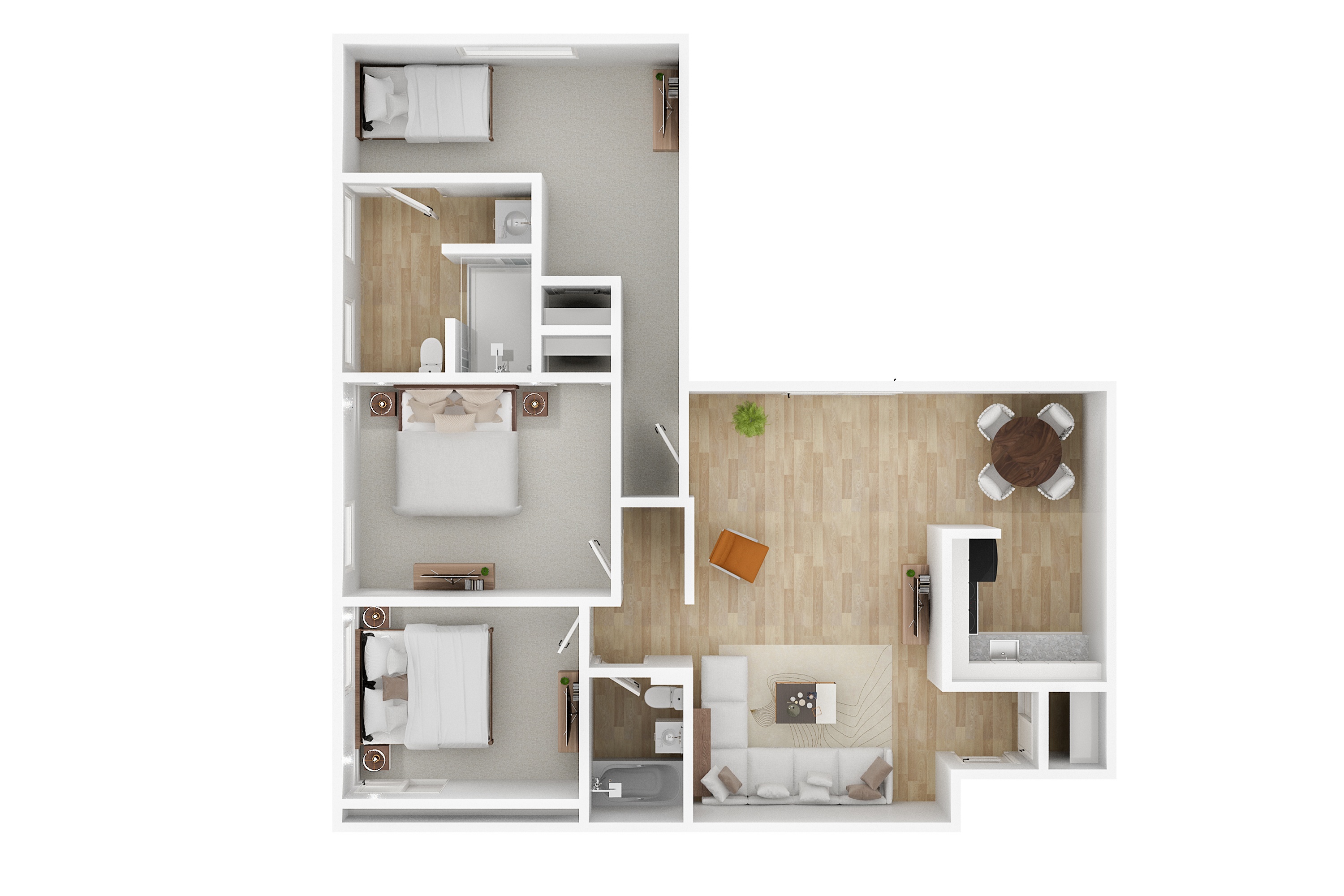 A white and wood bathroom with a toilet, sink, and mirror.