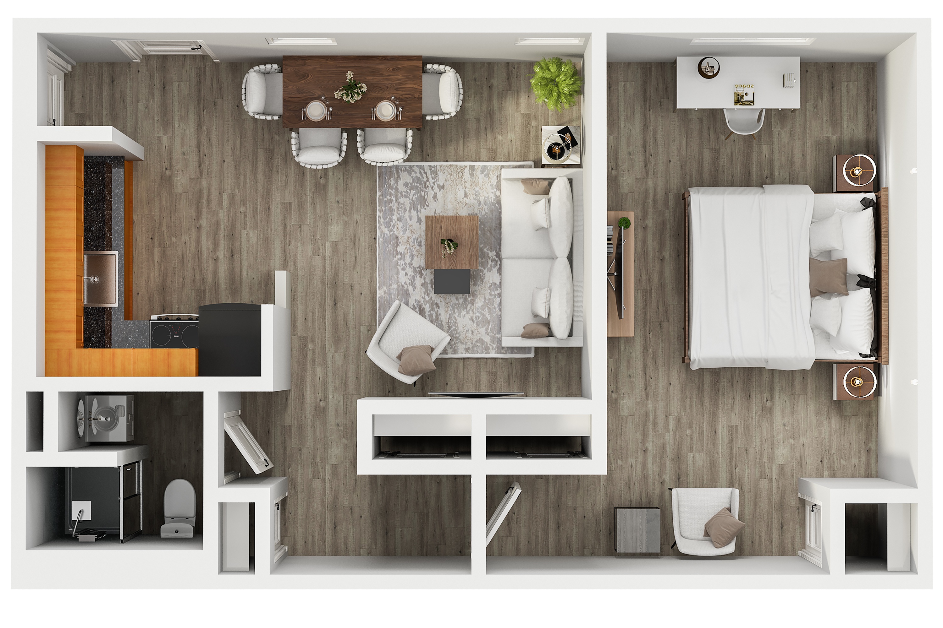 A top-down view of a modern, minimalist bedroom with a bed, desk, and chair.