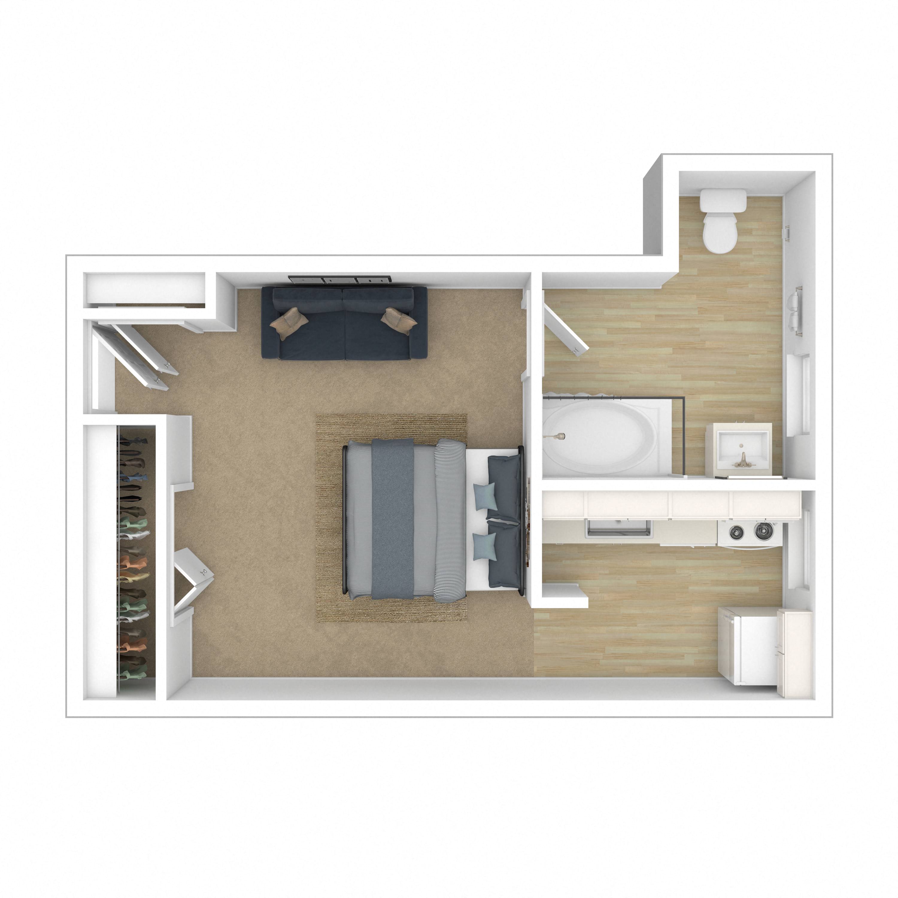 a floor plan of a studio apartment with a bedroom and a living room